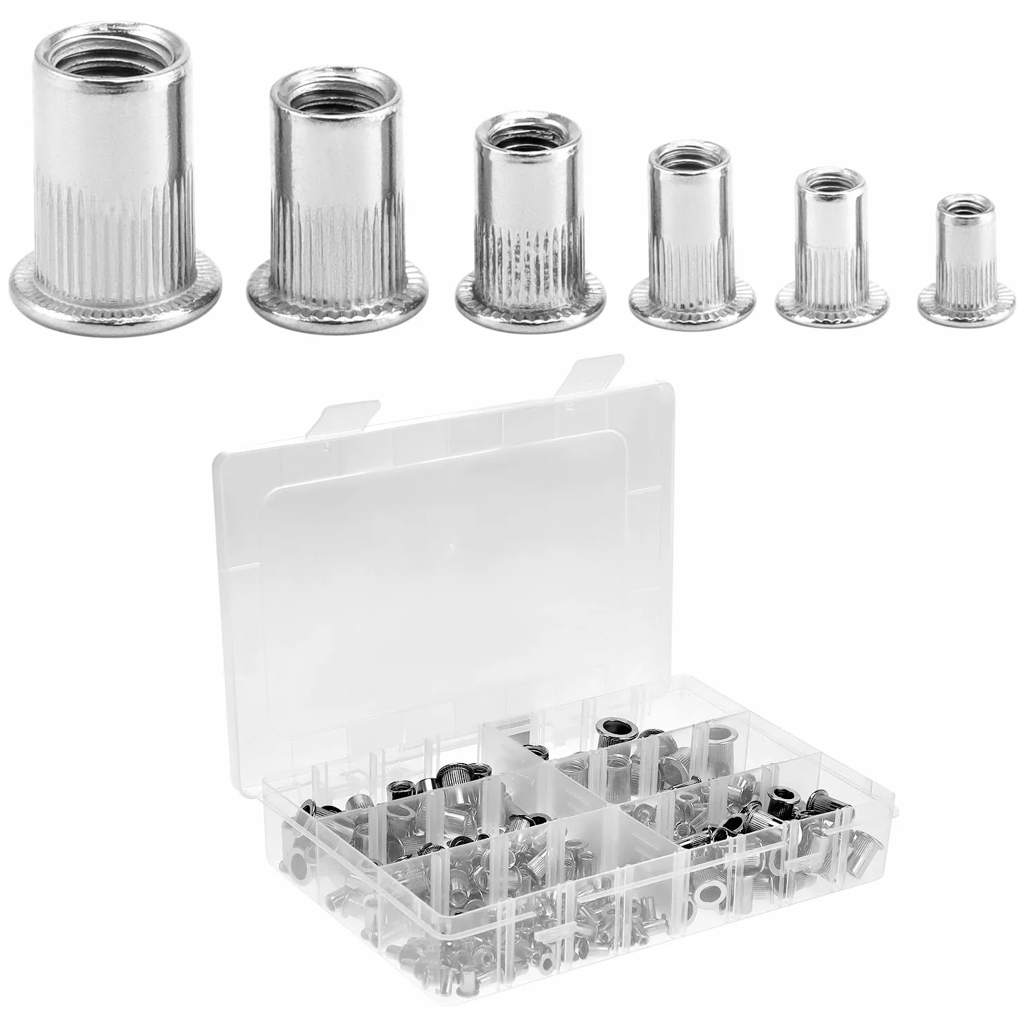 QWORK® 250 sztuk nitonakrętek ze stali nierdzewnej 304, zestaw 6 rozmiarów, M3, M4, M5, M6, M8, M10
