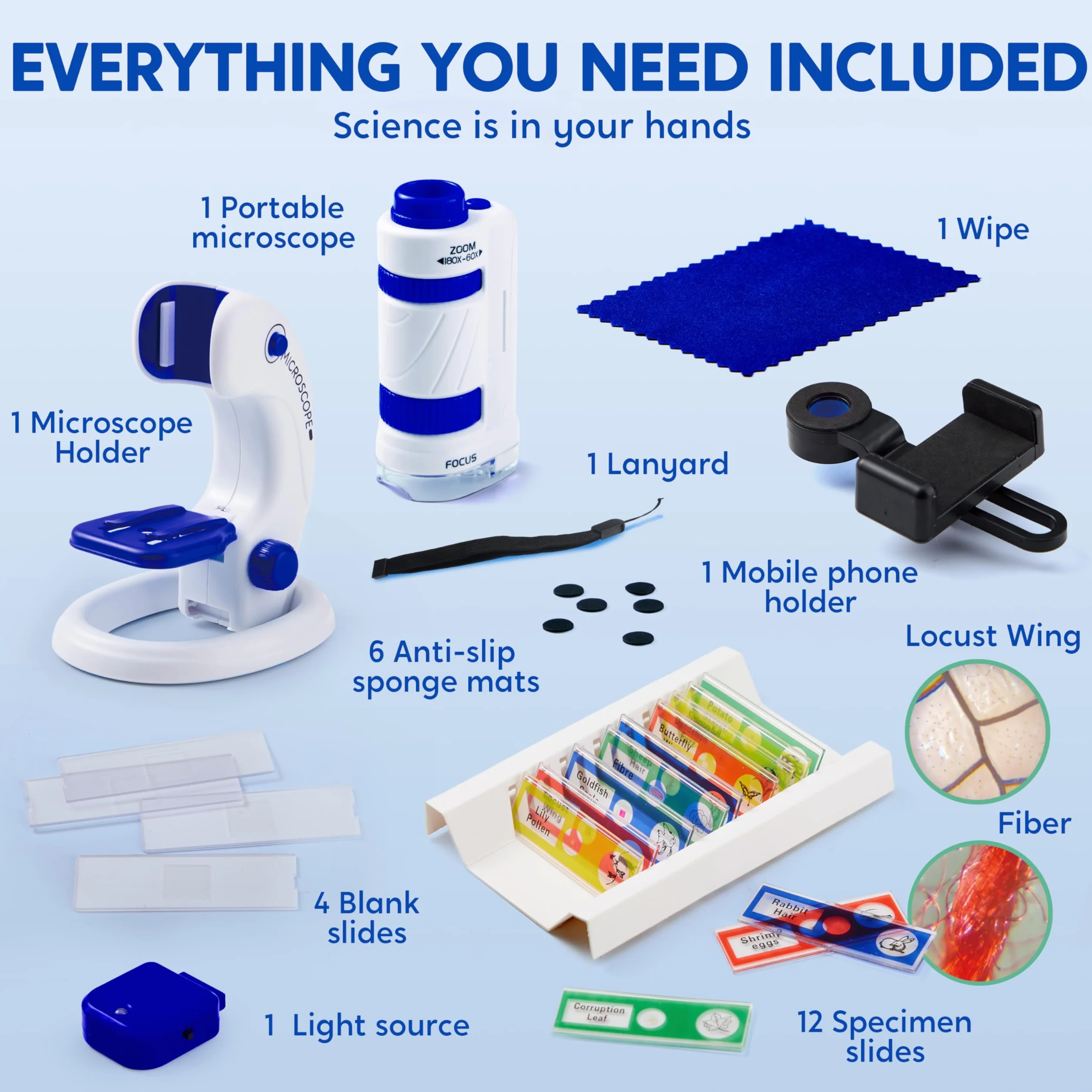 Klever Kits Mikroskop dla dzieci, 2 w 1, przenośny mikroskop dla dzieci, zabawka z 12 szkiełkami LED, powiększenie 60-180x, eksperymenty dla dzieci od 5, 6, 7, 8, chłopców i dziewczynek