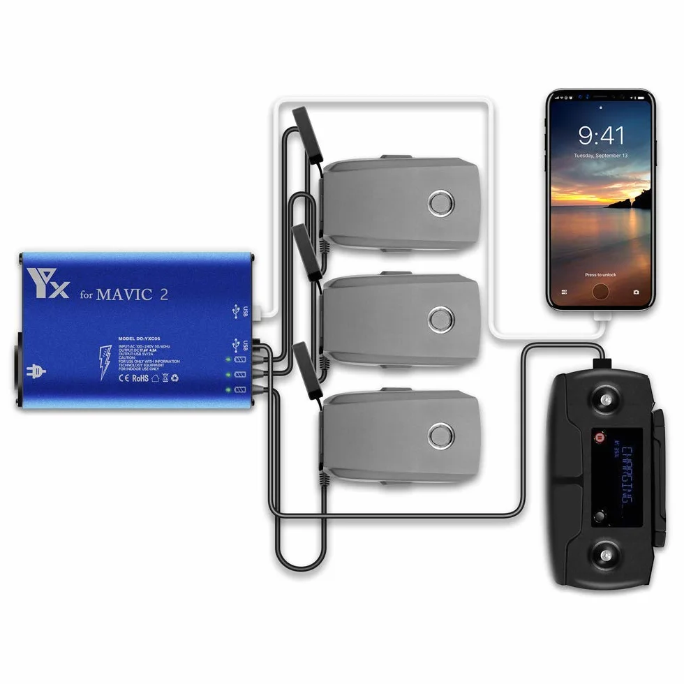 DJI Mavic 2 Zoom / 2 Pro/Mavic Enterprise Multi Charger, równoległy równoległy koncentrator ładujący, stacja dokująca Smart Rapid Balance do 3 baterii lotniczych, pilot do tabletu Smaratphone