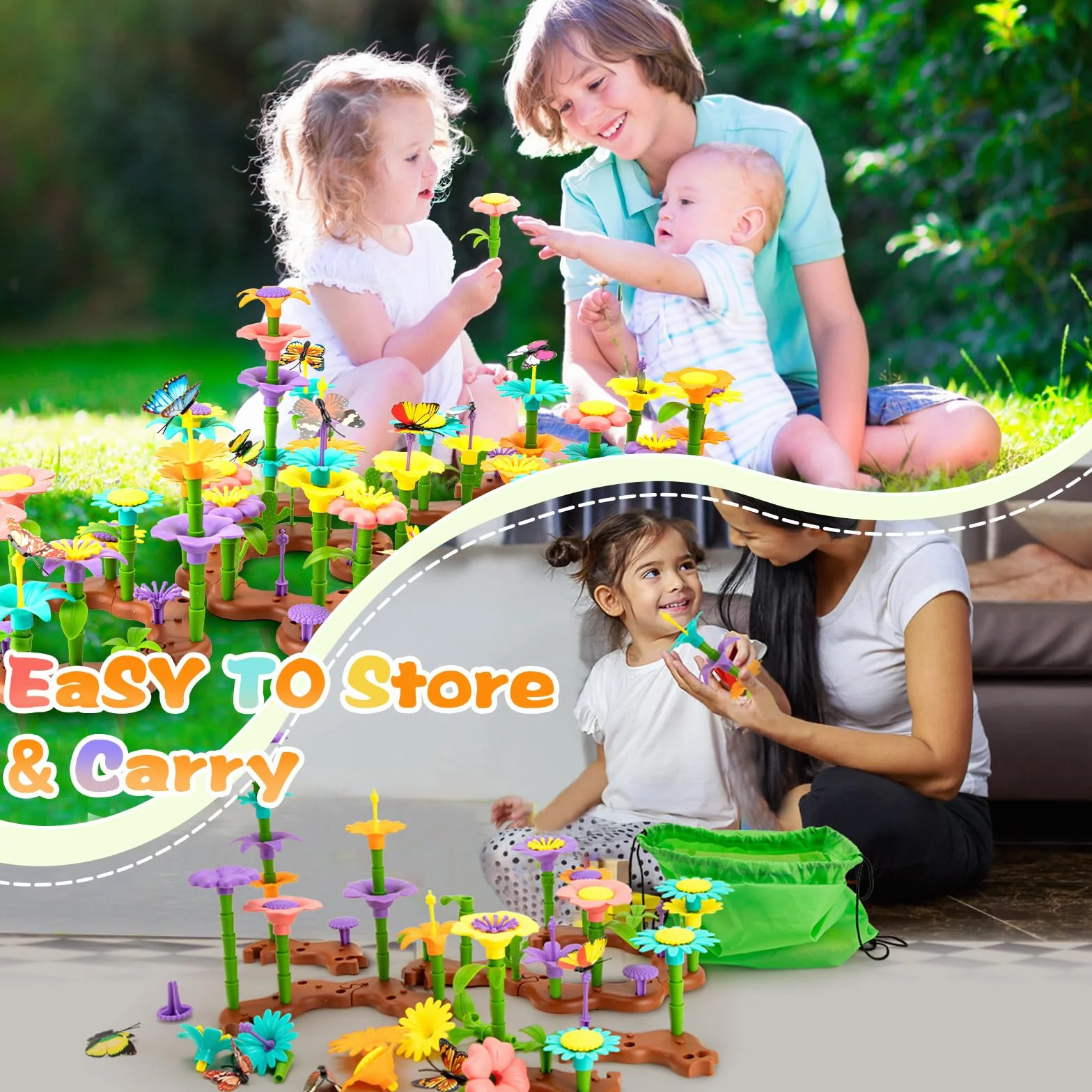 Zabawka do ogrodu kwiatowego, dla dziewczynek od 3 lat, 272 sztuki, zestaw bukietów DIY, pomysł na prezent, zabawka kwiatowa, z torbą do przechowywania, zabawka Montessori, prezent dla