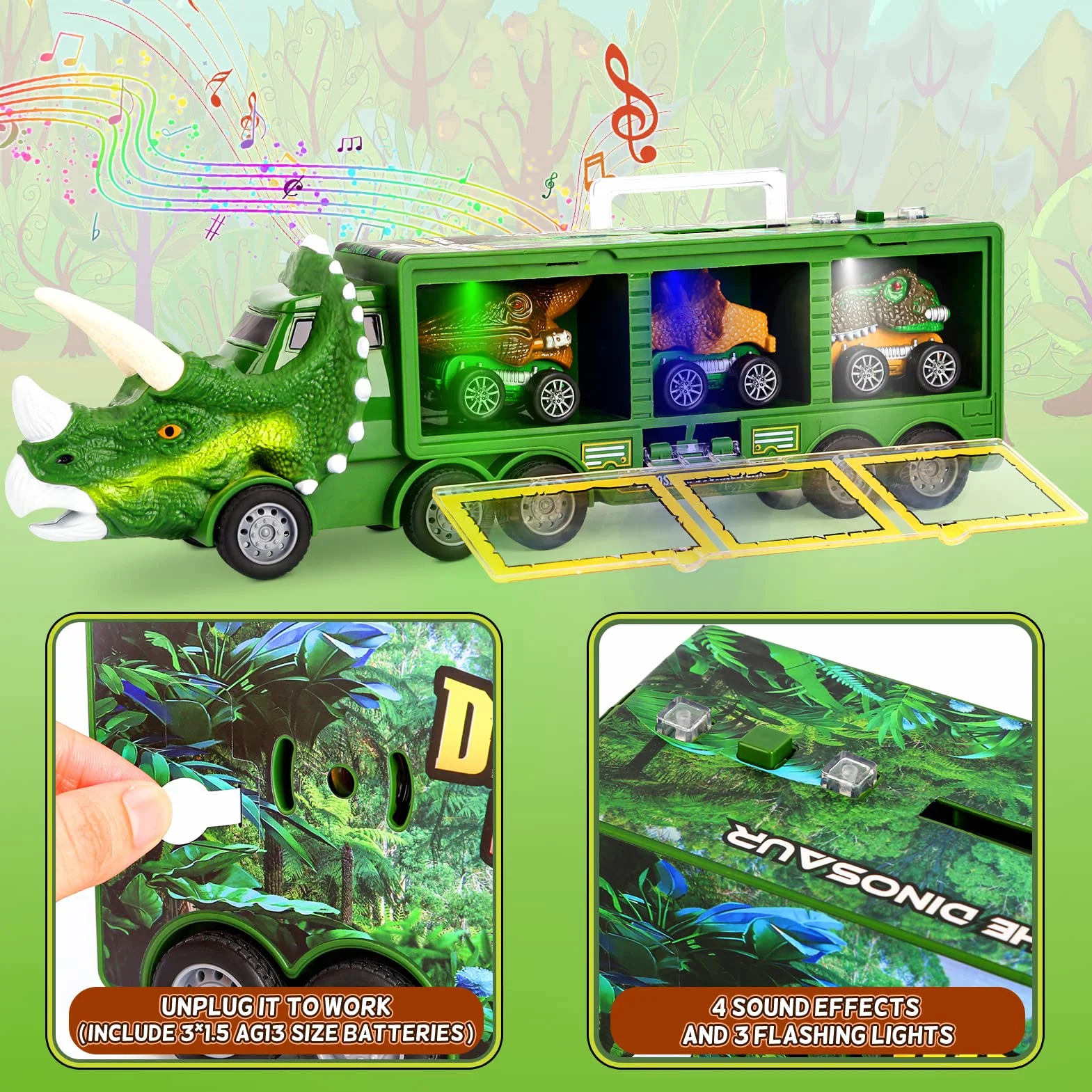 DINORUN Zabawki z dinozaurami, ciężarówka dla dzieci, ze światłem i dźwiękiem, zestaw transportowy zawiera wyciągany dinozaur, samochód, mini figurki dinozaurów, prezenty edukacyjne dla chłopców i dziewcząt