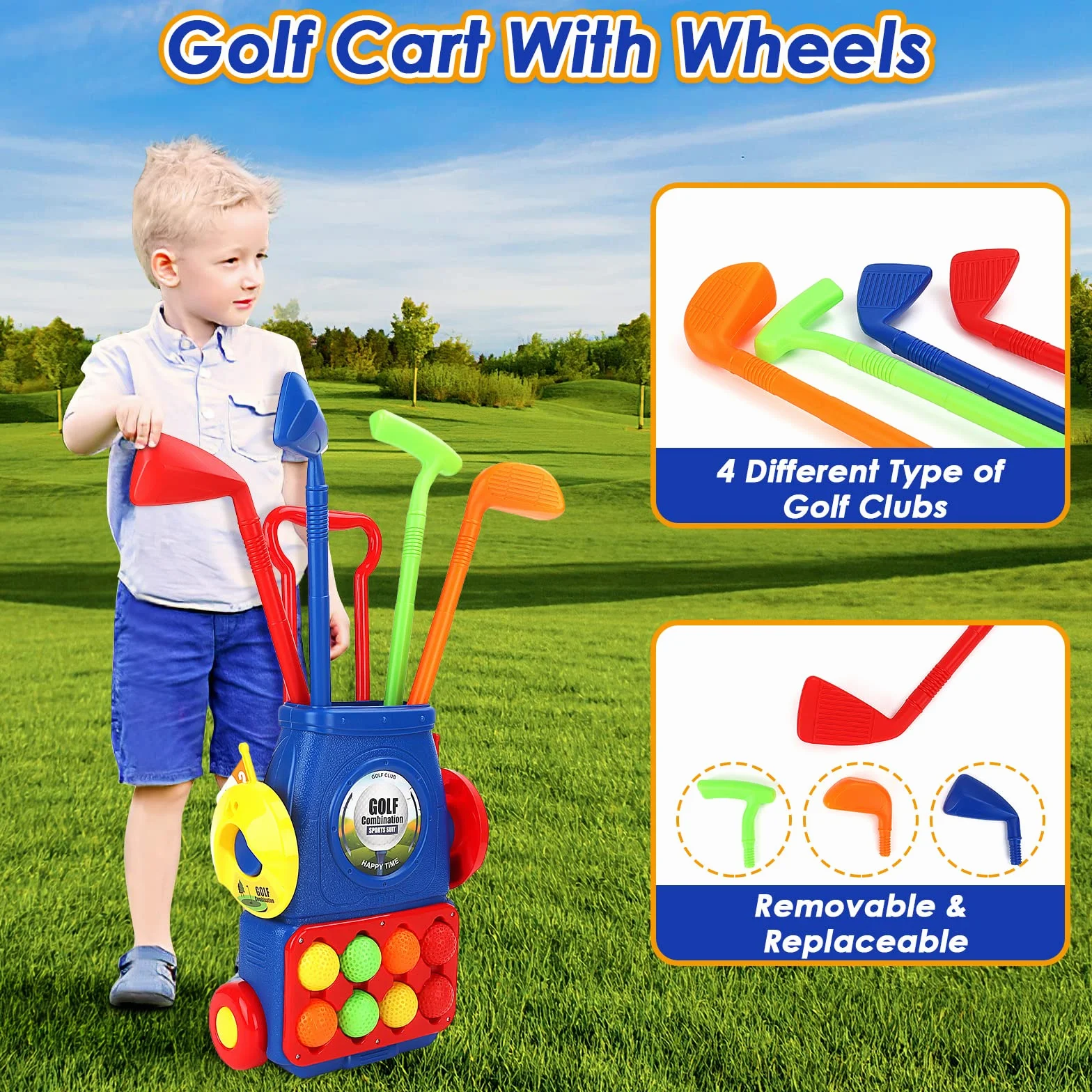 deAO Zestaw golfowy dla maluchów, zabawki do gry w golfa, do użytku wewnątrz i na zewnątrz, z 8 piłkami, 4 kijami golfowymi, 2 otworami treningowymi