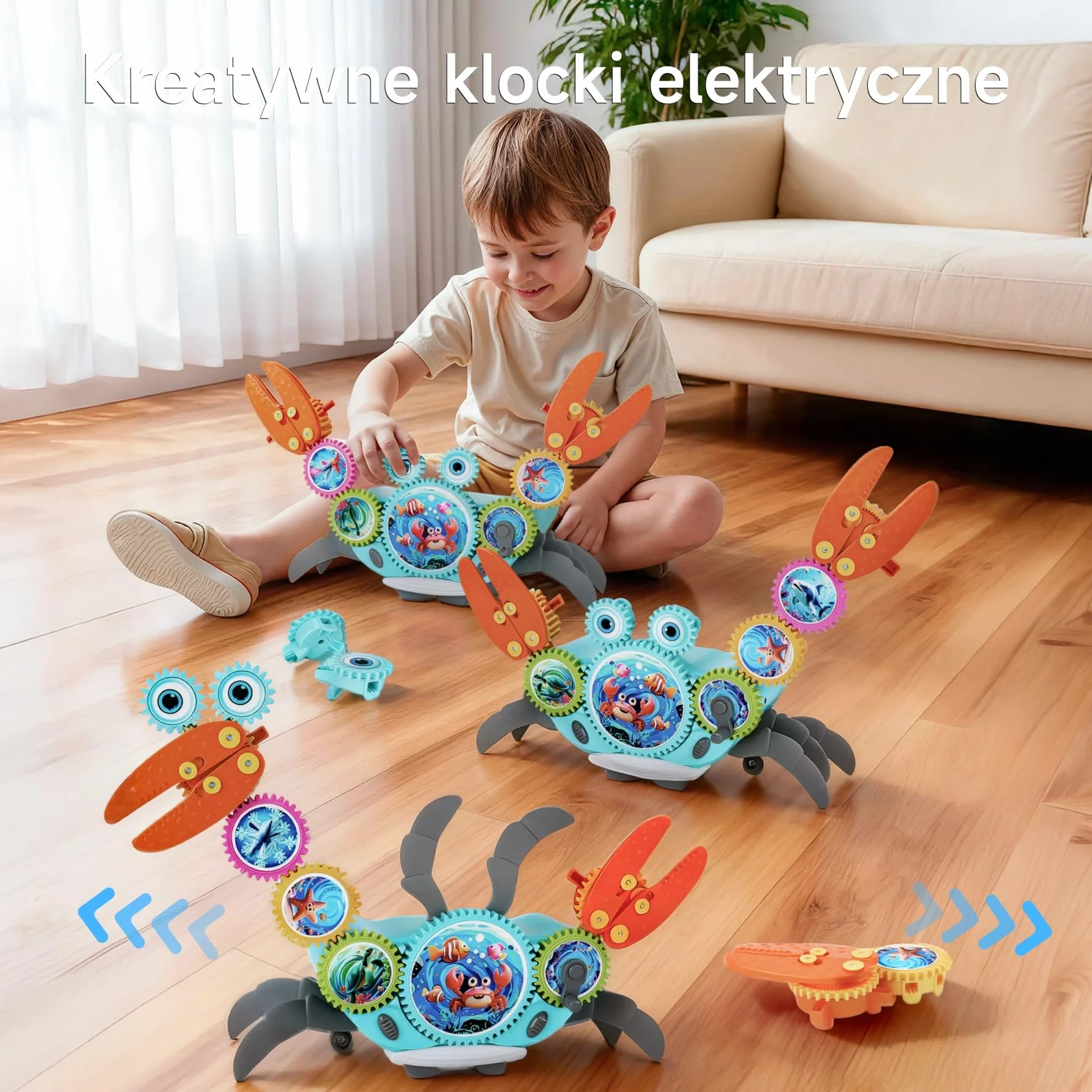 Klocki zębate krab, kreatywna zabawka konstrukcyjna z ruchem bocznym, muzyką i światłem, Montessori sensoryczna edukacyjna z wykrywaniem przeszkód, dla dzieci od 3 lat