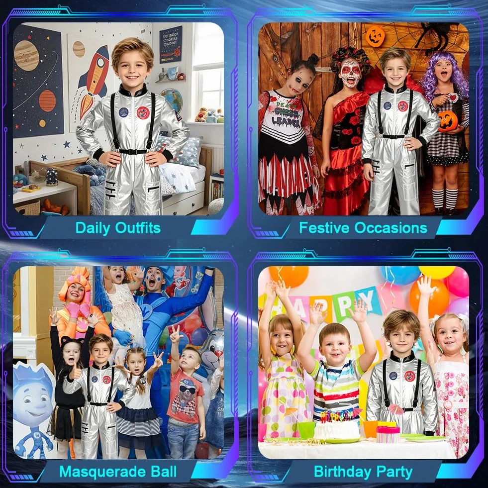 Kostium astronauta dla dzieci srebrny kosmiczny na karnawał Halloween Cosplay 3-12 lat