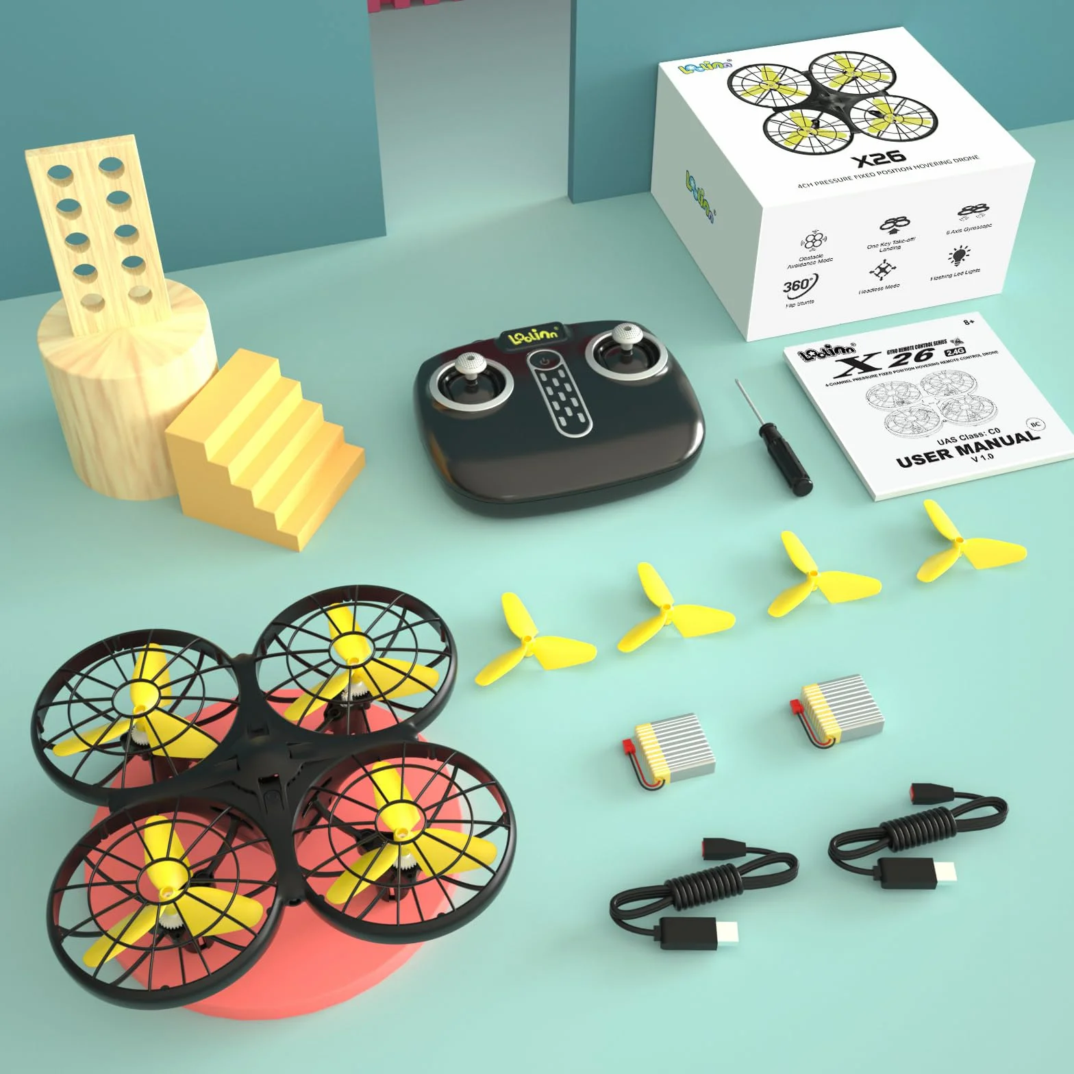 Loolinn | Dron dla dzieci - Mini dron, wewnętrzne drony RC z automatyczną technologią zapobiegającą kolizjom/odwrócenie 360° / tryb ręcznie sterowany/w zestawie dwa baterie (Prezent dla dzieci)