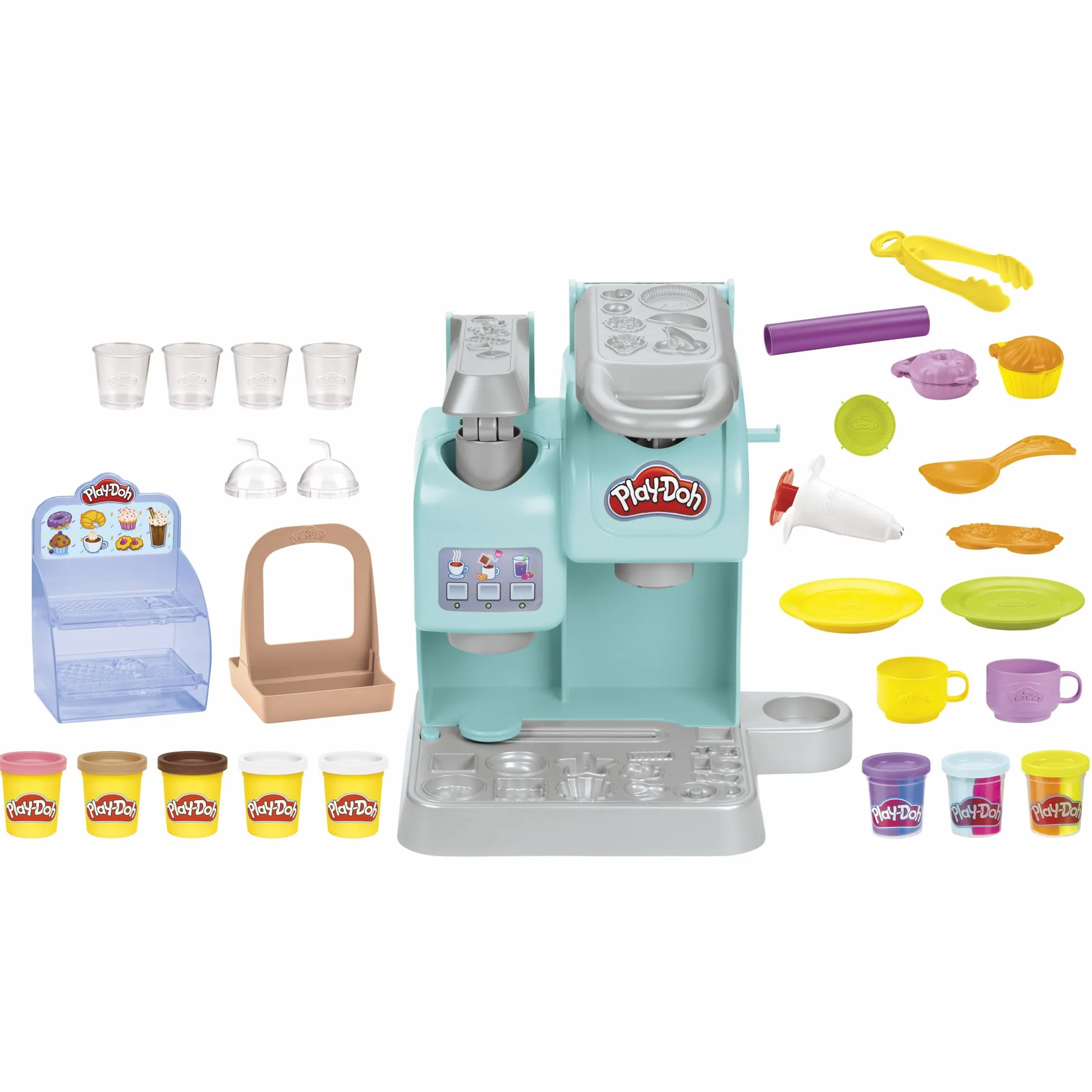 Play-Doh Kitchen Creations Superkolorowa kawiarnia | Zabawka dla dzieci ze sztucznym jedzeniem i kawą | 20 akcesoriów 8 tubek z ciastoliną po 56 g | Pomysł na prezent dla 3-latka i dla przedszkolaka