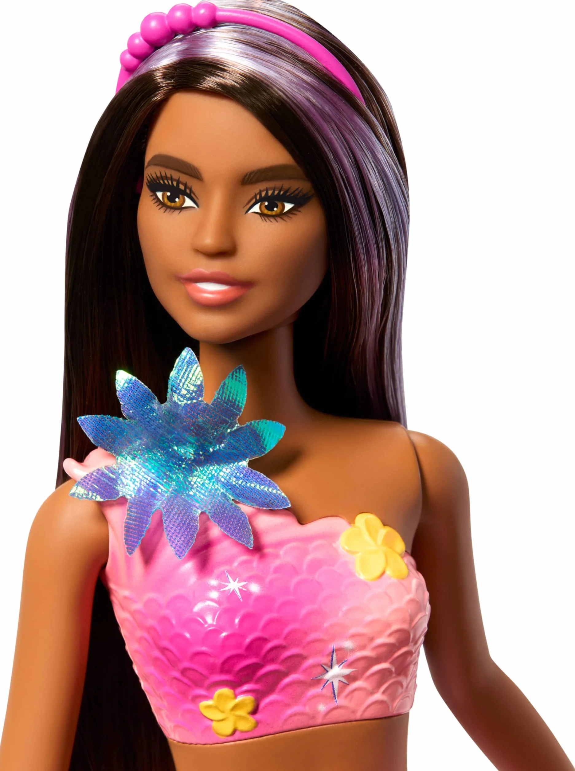 Barbie Syrenka Rozkwitające kwiaty Lalka JDM73 z długimi brązowymi włosami, fioletowymi pasemkami, ogonem ombre i perłową opaską