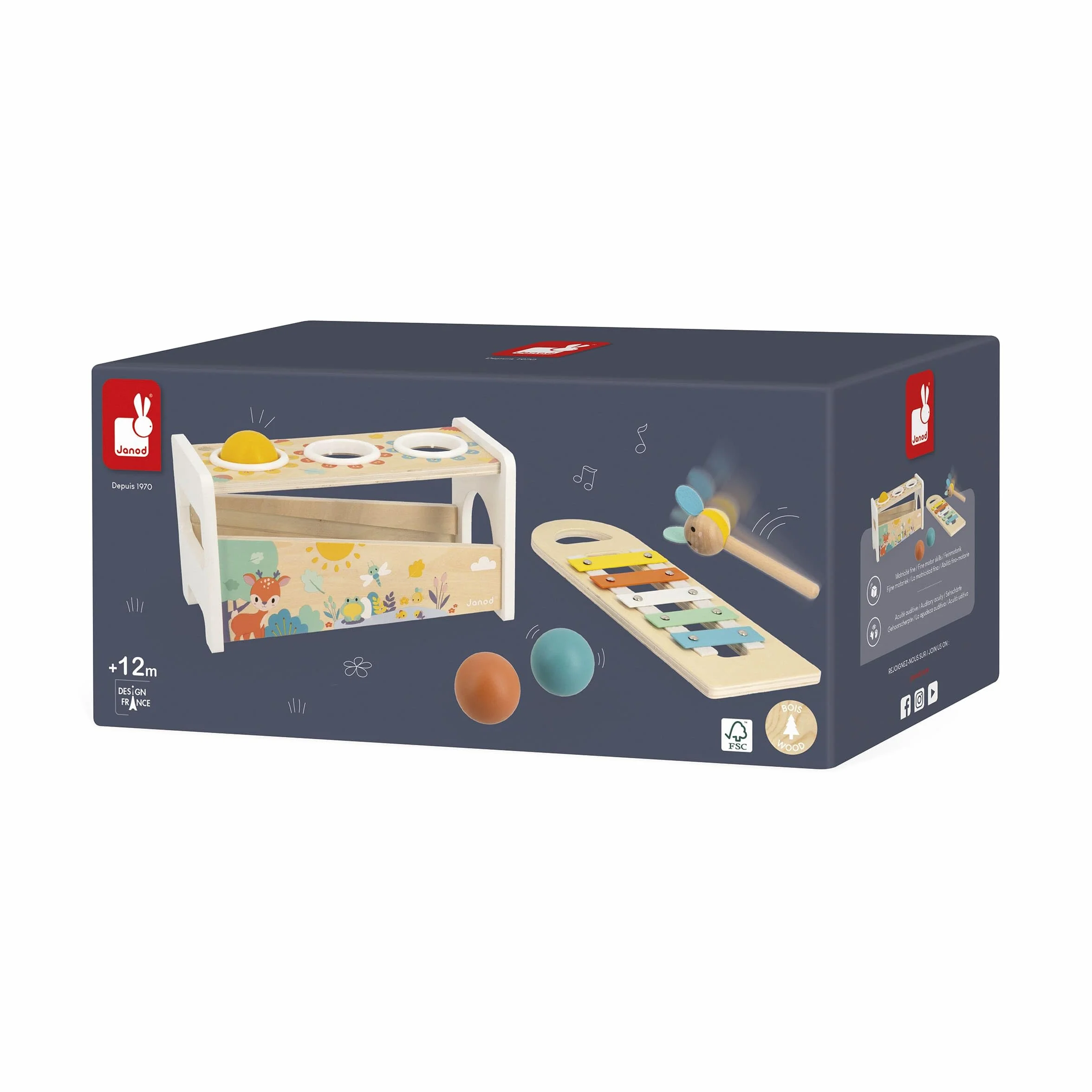 Janod Tap Tap Xylo Pure 2-in-1 Baby Musical Instrument - Awakening and Educational Game - Wooden Toy with 3 Balls + Hammer + Xylophone - From 12 Months Old, J05155