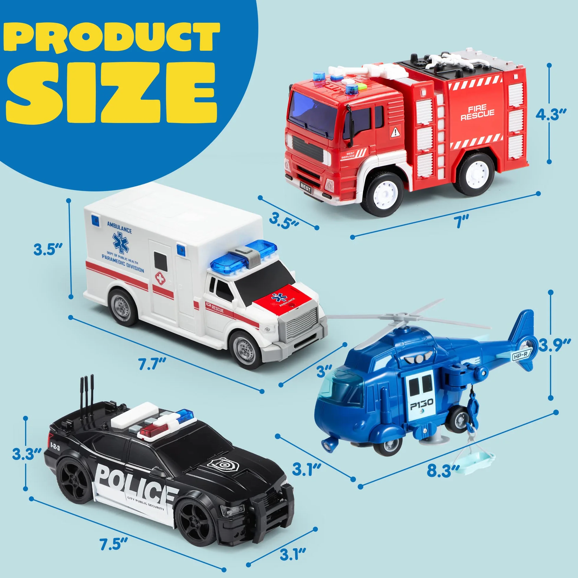 JOYIN Zestaw 4 zestawów gier City Hero Powered by Friction, w tym wóz strażacki, karetkę, samochód policyjny i helikopter ratowniczy