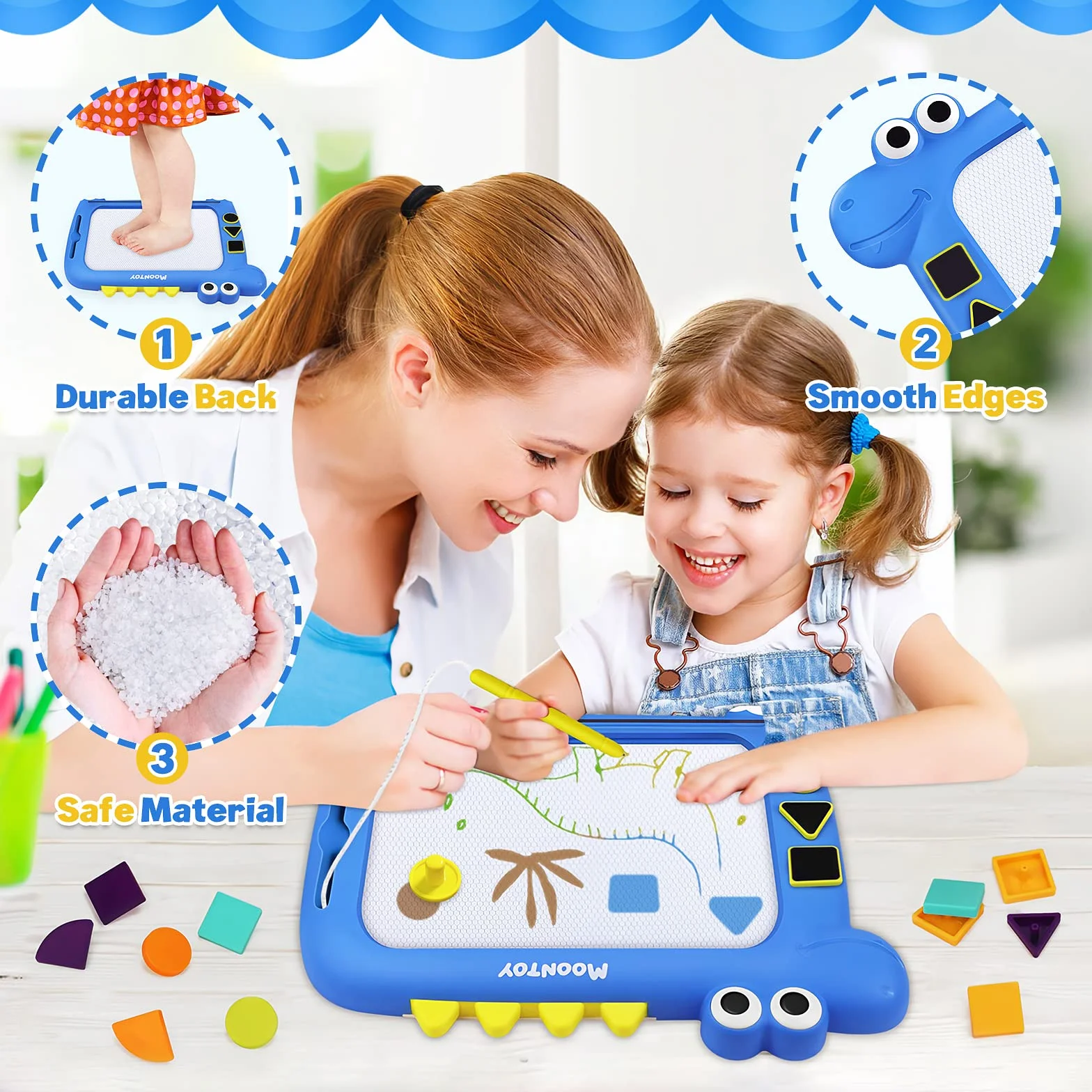 MOONTOY Tablica do malowania dla dzieci od 2 lat, 2 w 1, magnetyczna tablica magiczna Tangram, zestaw bloków magnetycznych, tablica do rysowania, prezent dla dzieci od 3, 4, 5 lat, dla dziewczynek i