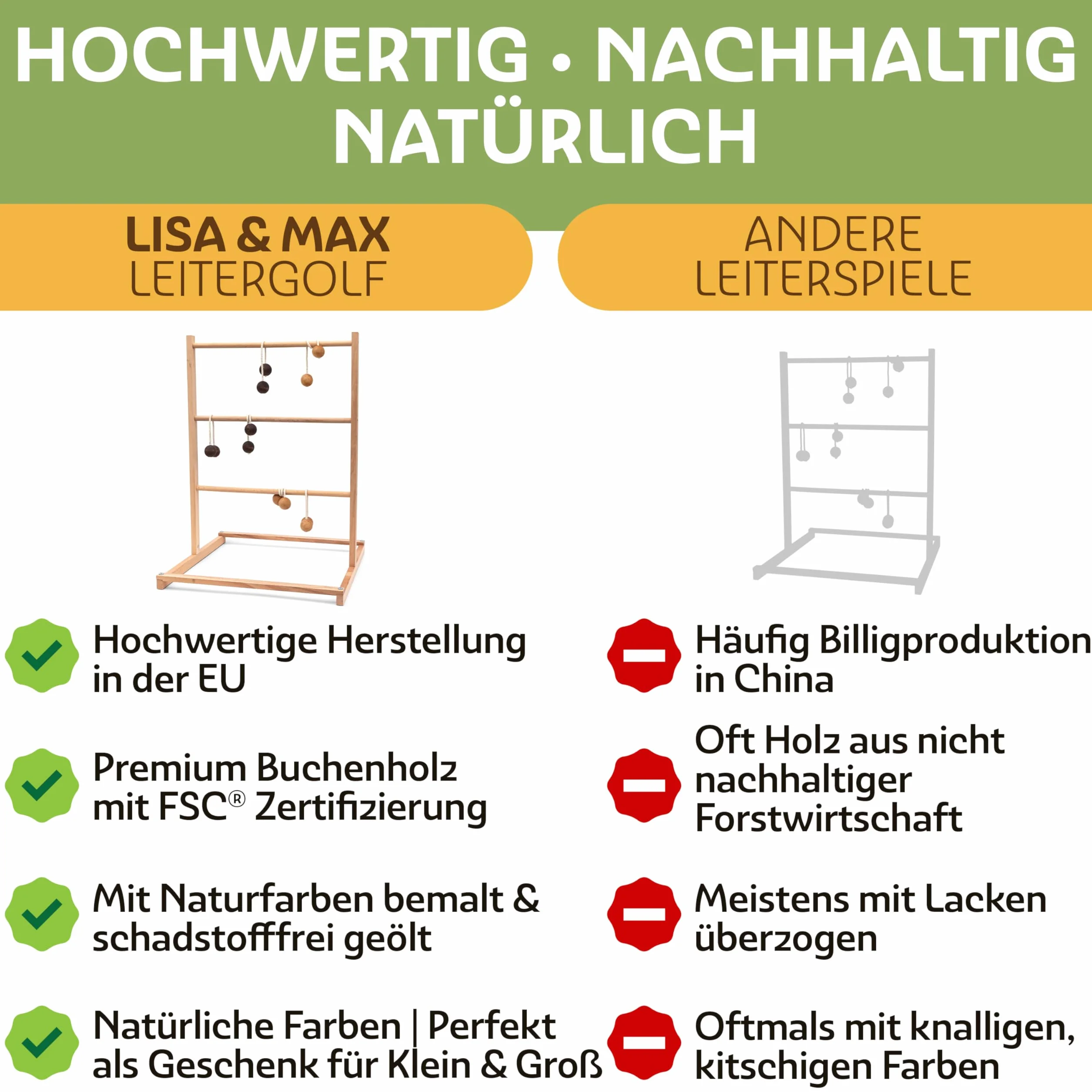 LISA & MAX Drabinka do gry w golfa outdoorowego z drewna z certyfikatem FSC® – bardzo dobry test – wytrzymała i naturalna gra drabinkowa z 6 piłkami do golfa drabinkowego – gra w rzucanie na świeżym