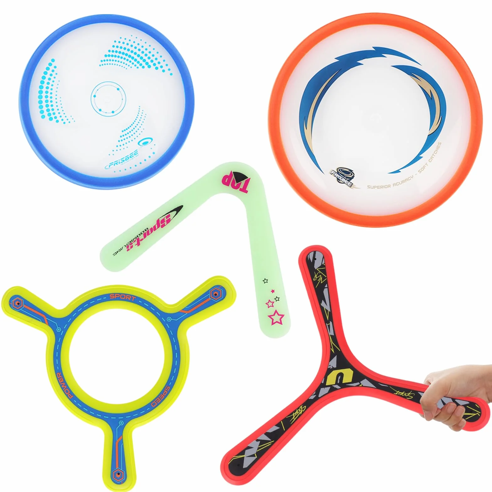 deAO 5 szt. kolorowych bumerangów dla dzieci, łatwe do rzucania bumerangi frisbee latające zabawki do zabawy na zewnątrz i wewnątrz, zabawna gra sportowa dla dzieci i rodzinna zabawa