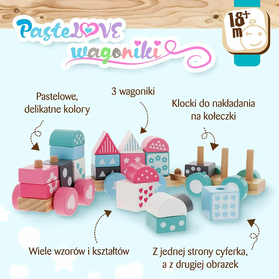 Trefl Pastelove Wagoniki Zabawka Drewniana dla Dzieci od 18 miesięcy