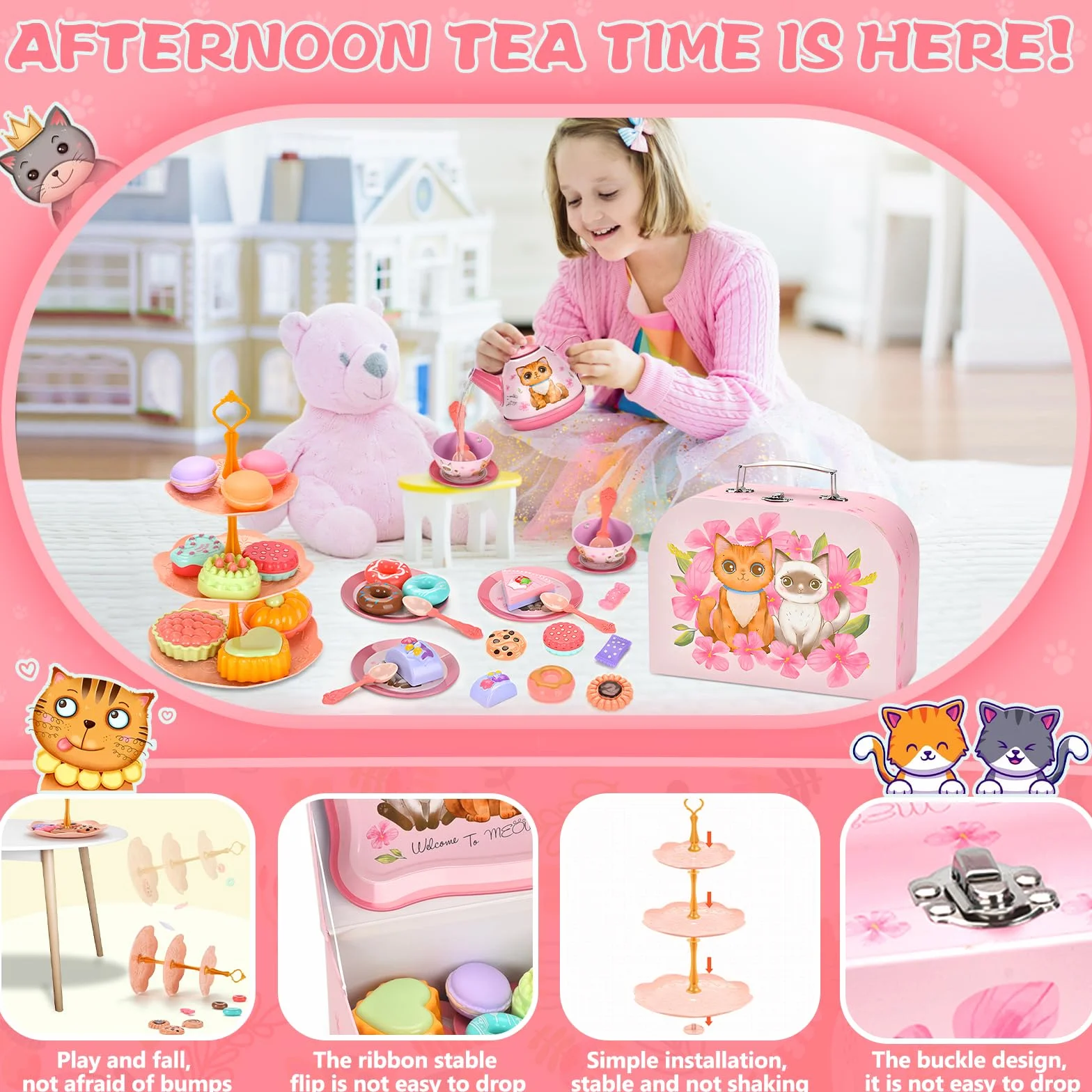 ZLPBAO 48 sztuk Zestaw do herbaty dla dzieci, zastawa stołowa dla lalek Zestaw kuchenny dla dzieci z blaszanym czajnikiem, Kitchen Tea Party