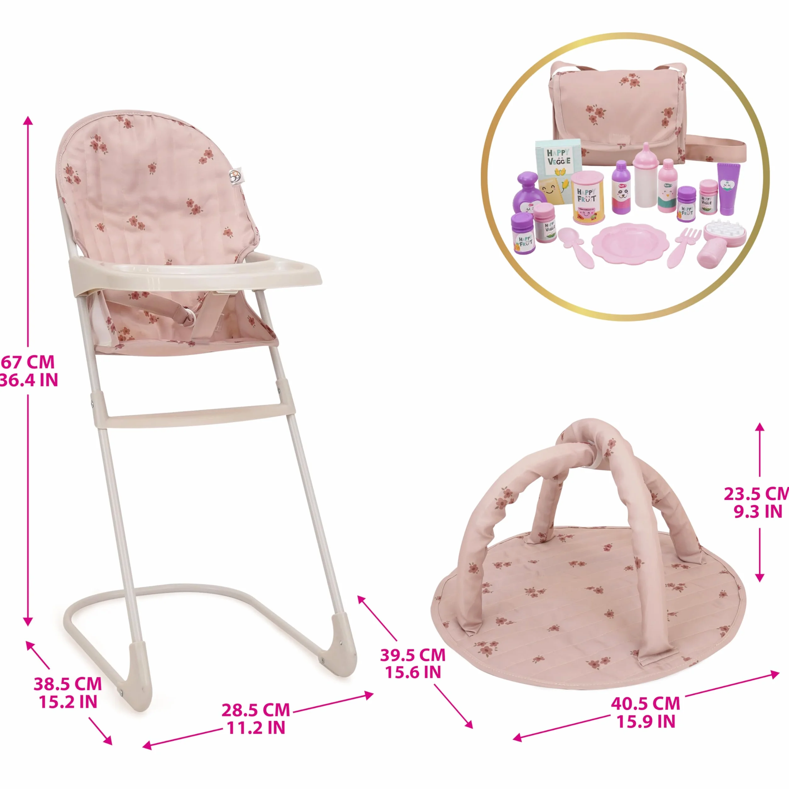 509 Zestaw 19 szt. City Park Doll Pram n Play, Multi Play Doll Pram Stroller, High Chair, Activity Gym, Changing Bag, 15 sztuk, akcesoria do lalek 53 cm, dla dzieci w wieku 3+