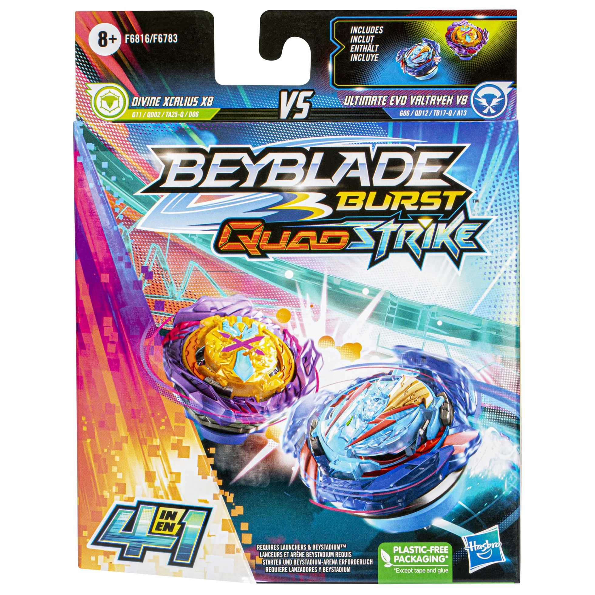 Beyblade Burst QuadStrike Ultimate Evo Valtryek V8 i Divine Xcalius X8 bączek, dwupak, zabawka do walki