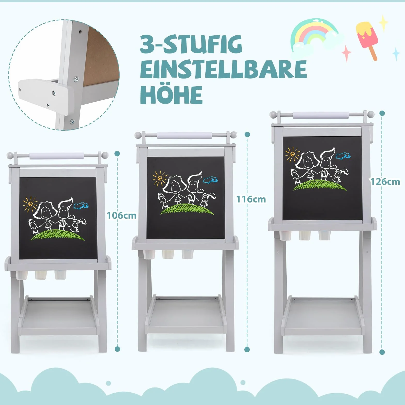 COSTWAY Tablica dla dzieci, składana sztaluga z regulacją wysokości z białą tablicą i tablicą magnetyczną, dwustronna tablica dziecięca z rolką papierową i 3 miseczkami do malowania, składana tablica