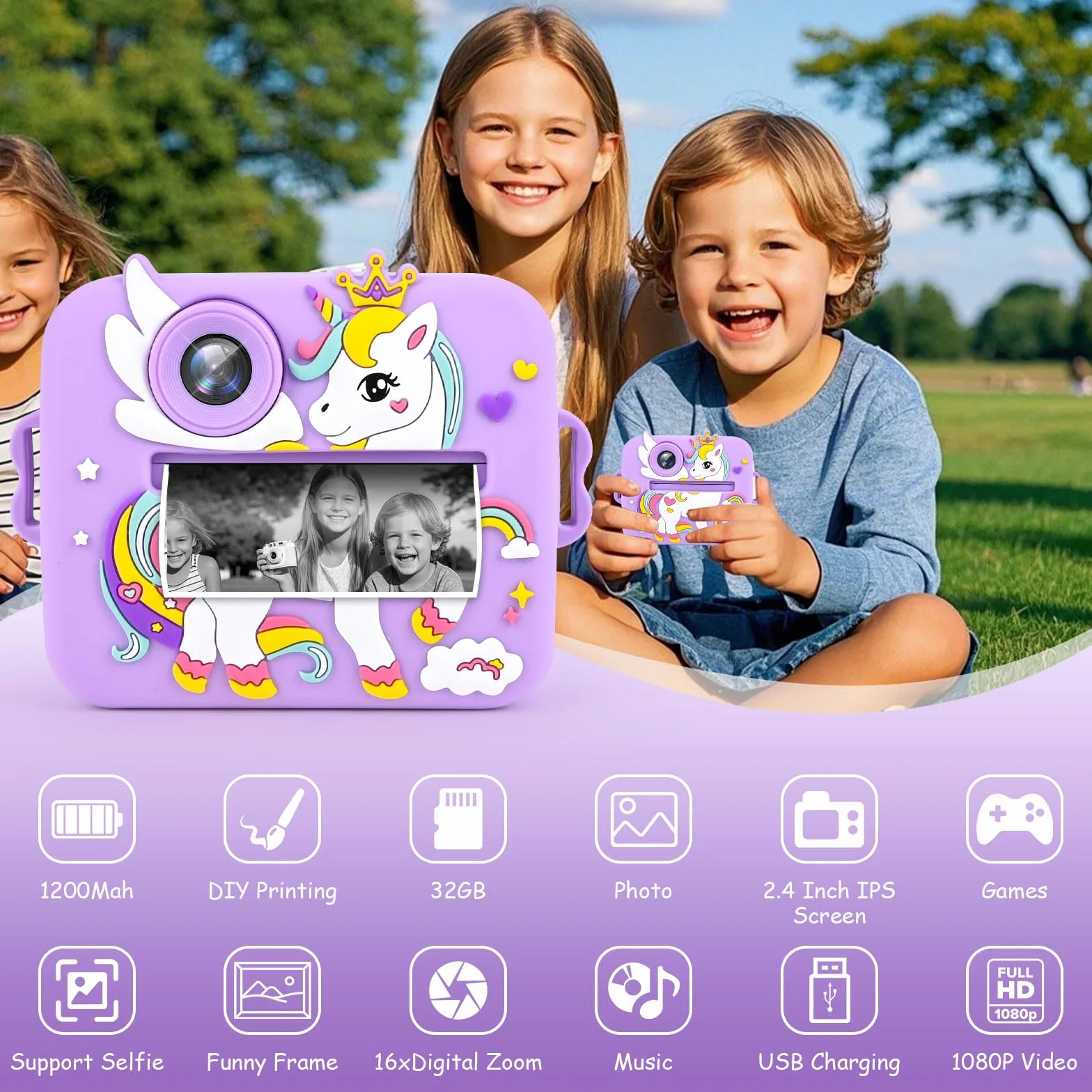 Euakee Kids Instant Camera, 1080P HD Cyfrowy Aparat dla Dzieci z 2,4-calowym Ekranem i Kartą 32G, Aparat Natychmiastowy dla Dzieci, Prezenty dla Chłopców i Dziewcząt 3-12 Lat (Fioletowy)