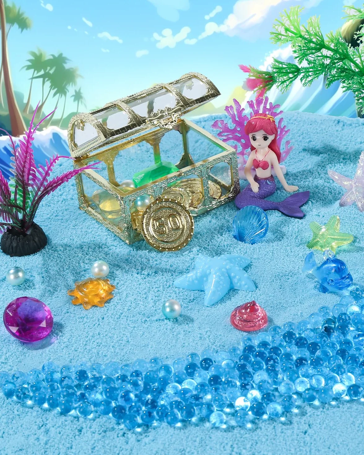 sikmcle Ocean Sensorik Box zestaw do piasku sensorycznego dla dzieci, pojemnik na piasek z pokrywką i akcesoriami z tworzywa sztucznego (muszle, ślimaki, rozgwiazdy)