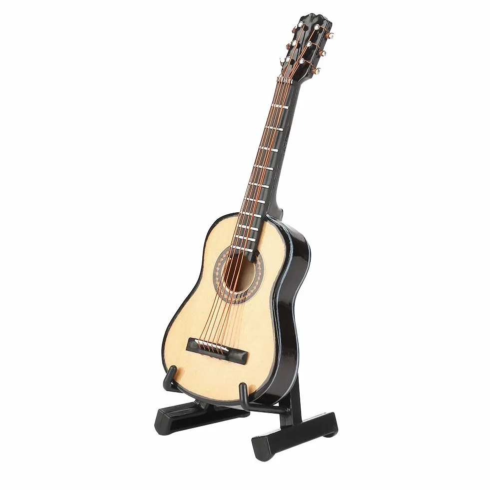 Miniaturowy Model Gitary, Mini Drewniana Gitara Model Instrumentu Muzycznego dla Dzieci Akcesoria do Domku dla Lalek ze Stojakiem i Etui do Dekoracji na Blat 10 Cm
