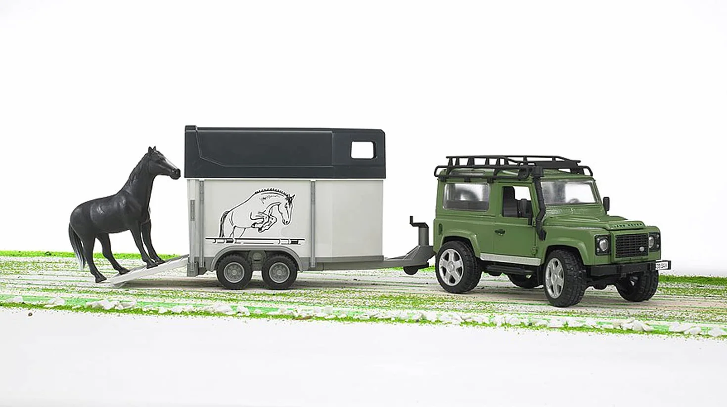 bruder 02592 - Land Rover Defender z przyczepą do przewozu koni, 1 koń, pojazd terenowy, jeep, pojazd terenowy, farma koni