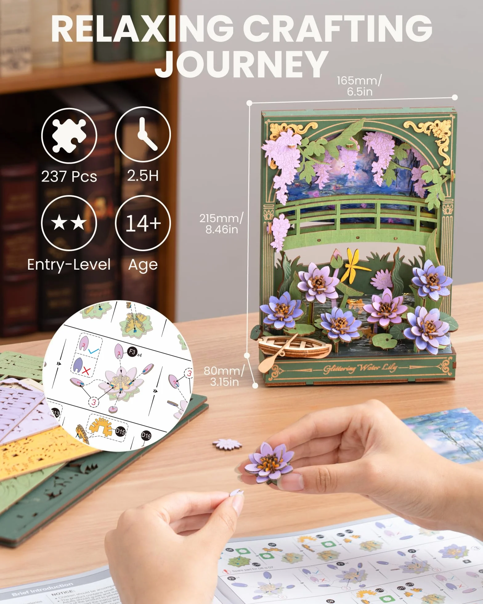 ROWOOD Drewniane puzzle 3D dla dorosłych dzieci ze światłem LED, zestaw kwiatowy wzór, dekoracja stołu lub ściany, kreatywny prezent dla kobiet mężczyzn TH001 lilia wodna