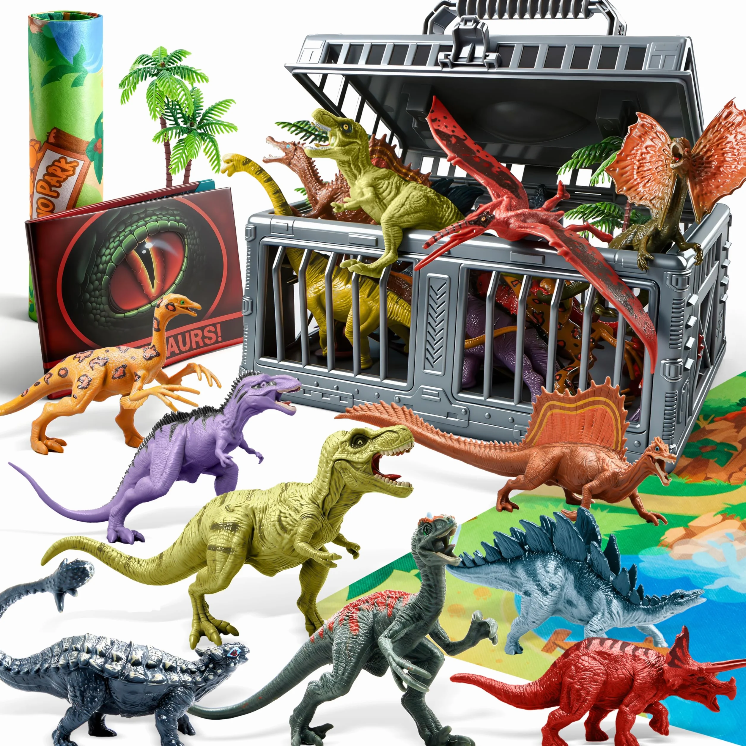JOYIN Zabawki dinozaurów z matą do zabawy i klatką do przechowywania, realistyczne figurki dinozaurów i drzewa, dla małych dzieci w wieku 3-5 lat, idealne dla chłopców i dziewcząt, prezent