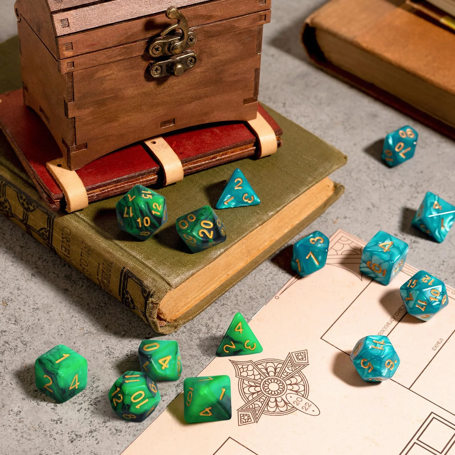 6 x 7 (42 sztuki) wielościennych kostek zestaw z workiem podwójnych kolorów, zestaw wielościennych kostek do gry w lochy i smoki, DND RPG, MTG, W20, W12, W10, W8, W6, W4, gry karciane