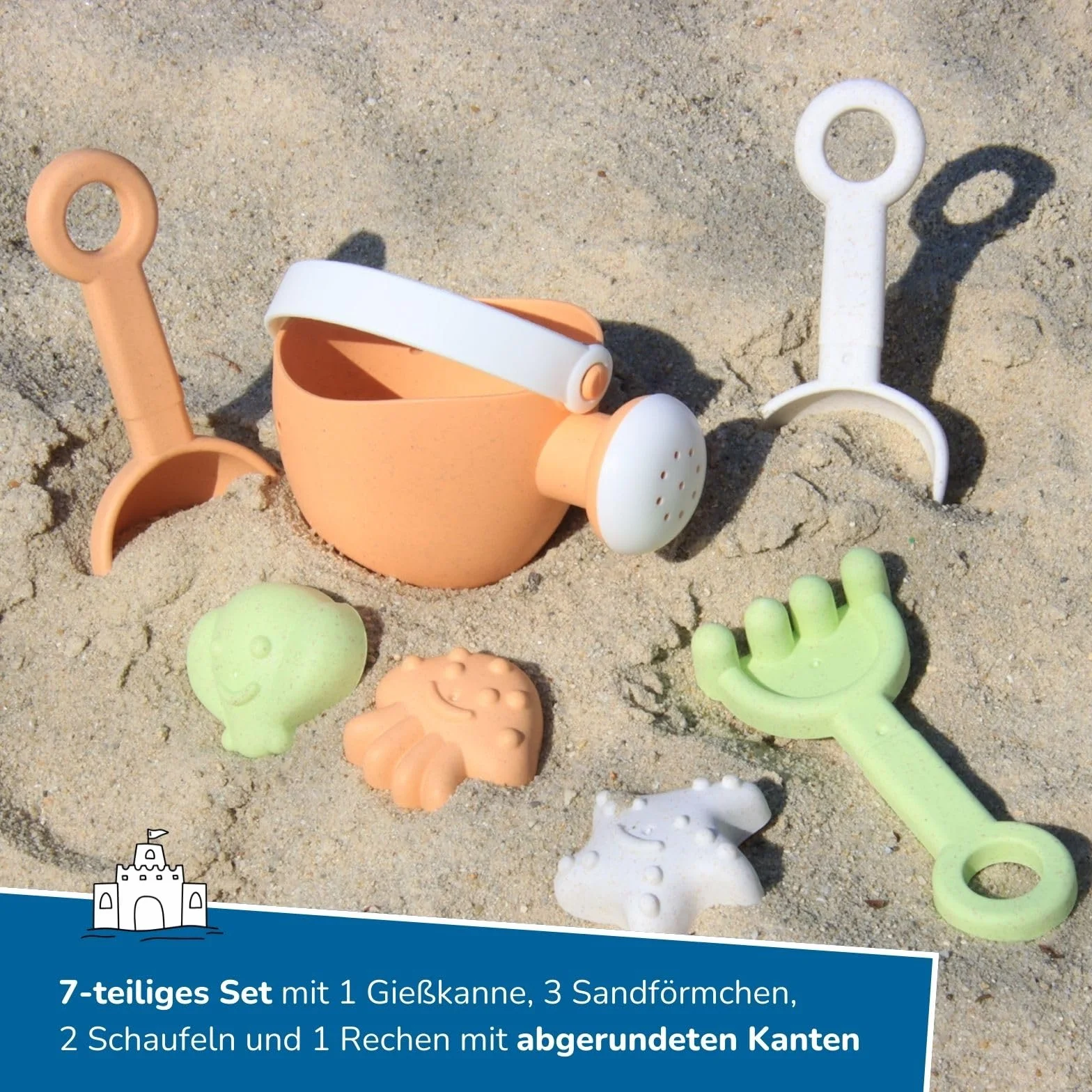 alldoro 60176 Moja pierwsza zabawka do piasku, 7-częściowa, zabawka plażowa z konewką, szufla, grabie, łyżka i 3 foremki do piasku, zestaw wiaderek z 7 elementami z mieszanki słomy pszenicznej, dzieci od 18 miesięcy