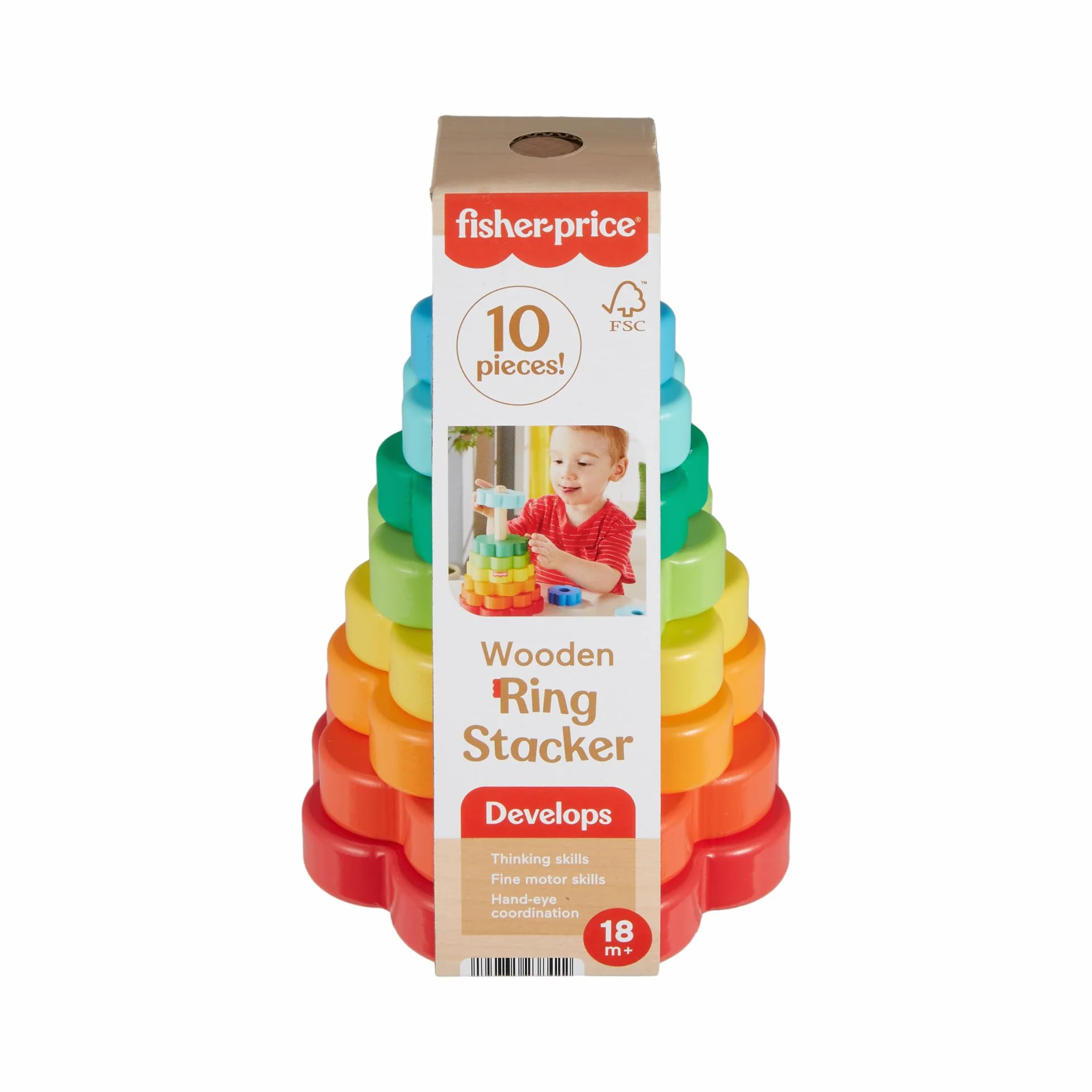 Fisher-Price Drewniana piramidka Kolorowe kwiatki Zestaw z 10 elementami do zabawy w układanie Zabawka drewniana dla dzieci od 18 miesiąca życia, HXT77