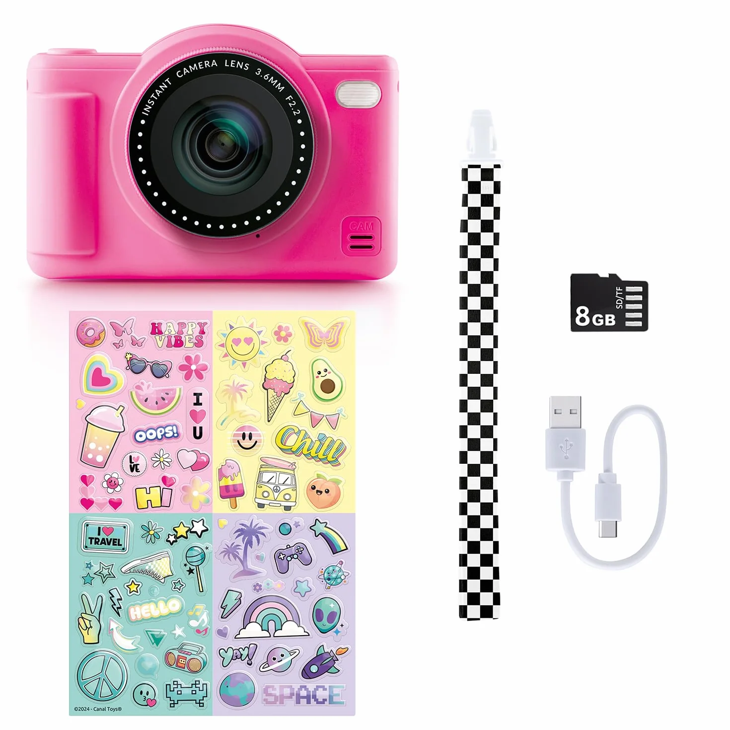 Canal Toys Aparat cyfrowy dla dzieci z dwoma obiektywami, mały różowy kompaktowy aparat z trybem selfie dla 8+ lat - 32 megapiksele, ekran LCD, 20 ramek i 5 filtrów, karta SD 4 GB w zestawie