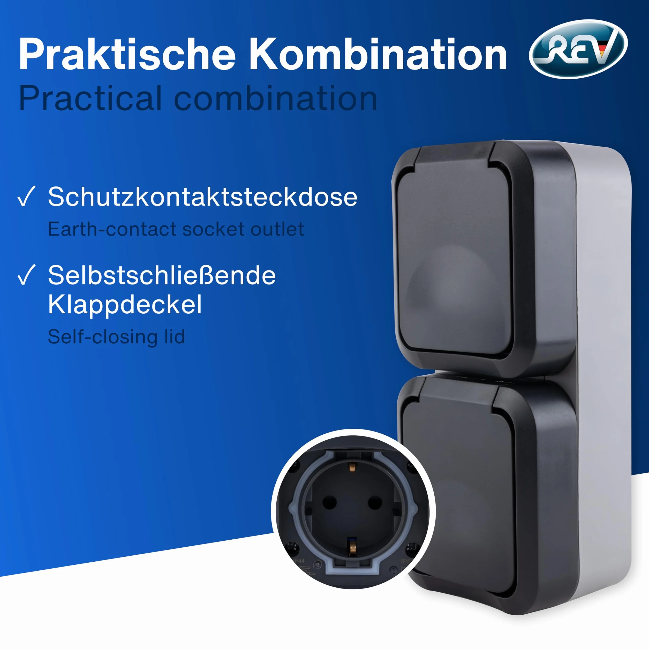 REV - AquaStorm, podwójne gniazdko, gniazdko elektryczne do pomieszczeń wilgotnych IP55, dwubiegunowe, natynkowe pionowe, 230 V, 16 A, antracyt