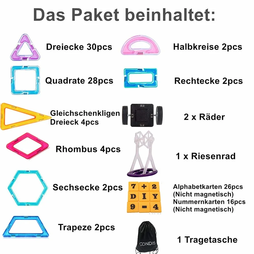 CONDIS Klocki Magnetyczne 120 Części, Magnetyczne Klocki dla dzieci Konstrukcyjne zabawki dla 3 4 5 6 7 Latka Prezent Chłopców Dziewczynek Kreatywne Zabawki Gry Przedszkola Świąteczne Prezent