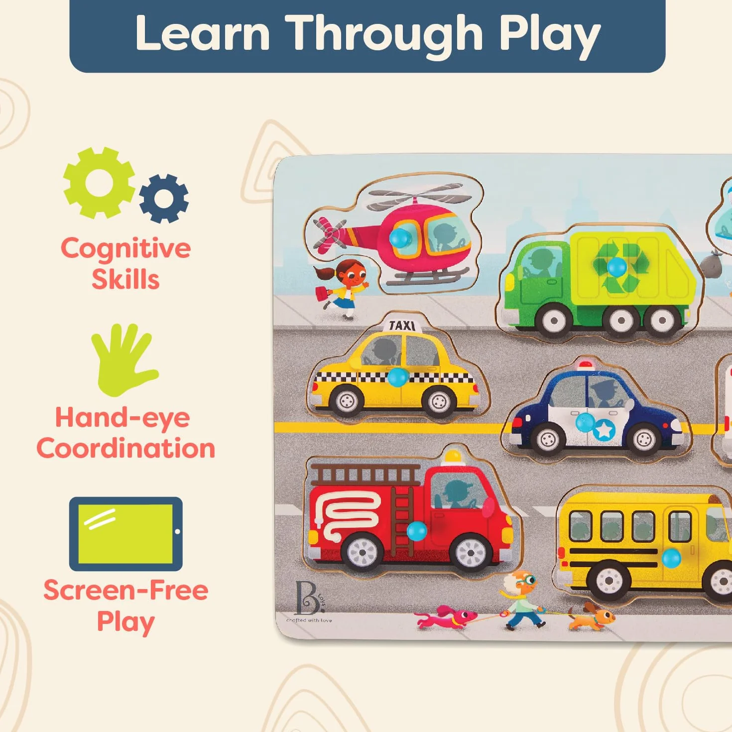 B. toys Drewniany Peg 8-częściowy zestaw puzzli dla maluchów – samochody, 2 lata + Peek & Explore Construction Trucks & Vehicles