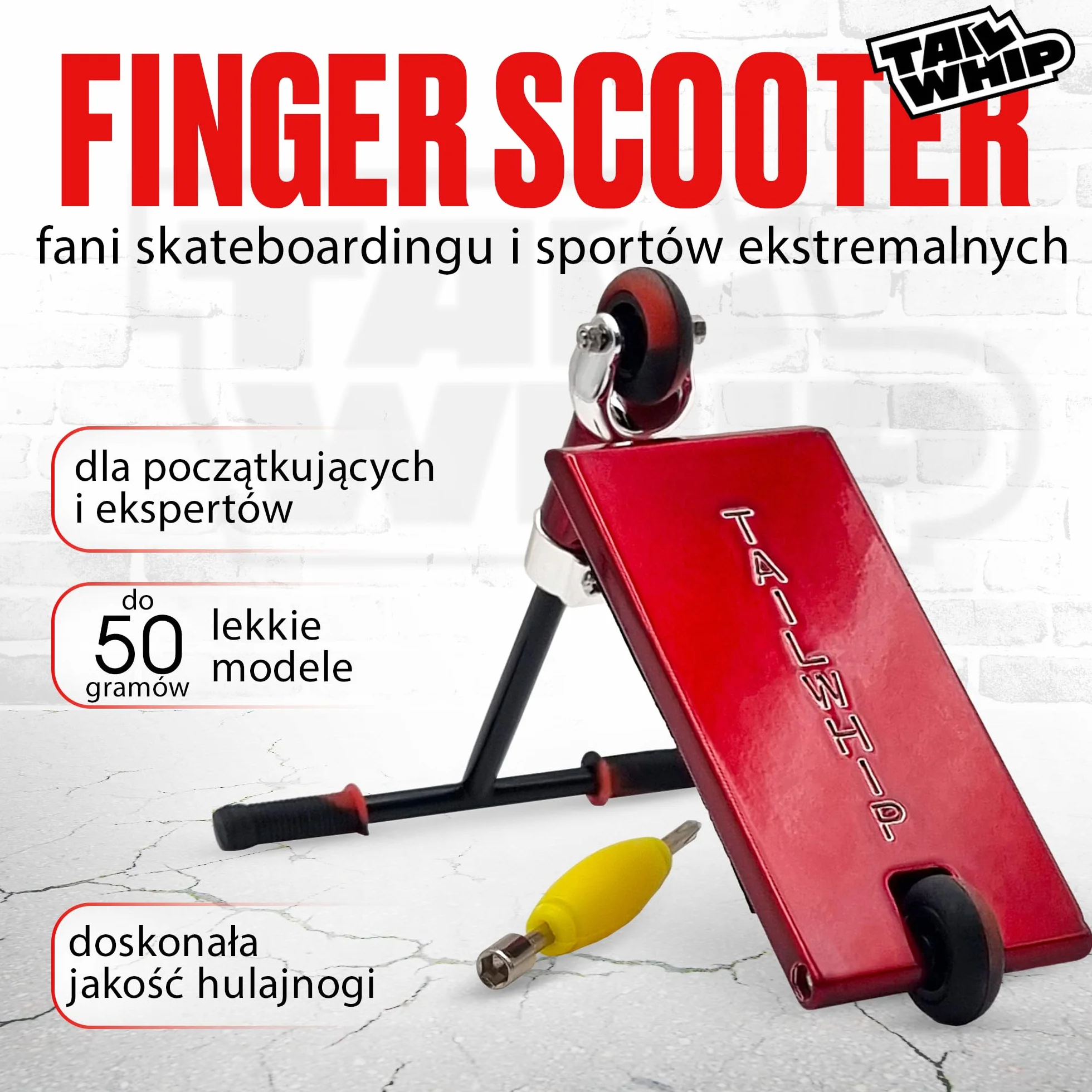 Finger Scooter z Metalu, Mini Hulajnoga z Szerokim Pro Deckiem, Do Imponujących Sztuczek, Zabawka Rozwijająca Motorykę Ręczną, Kompatybilna z Finger Skatepark i Finger Tech Skateboard, 6+, red