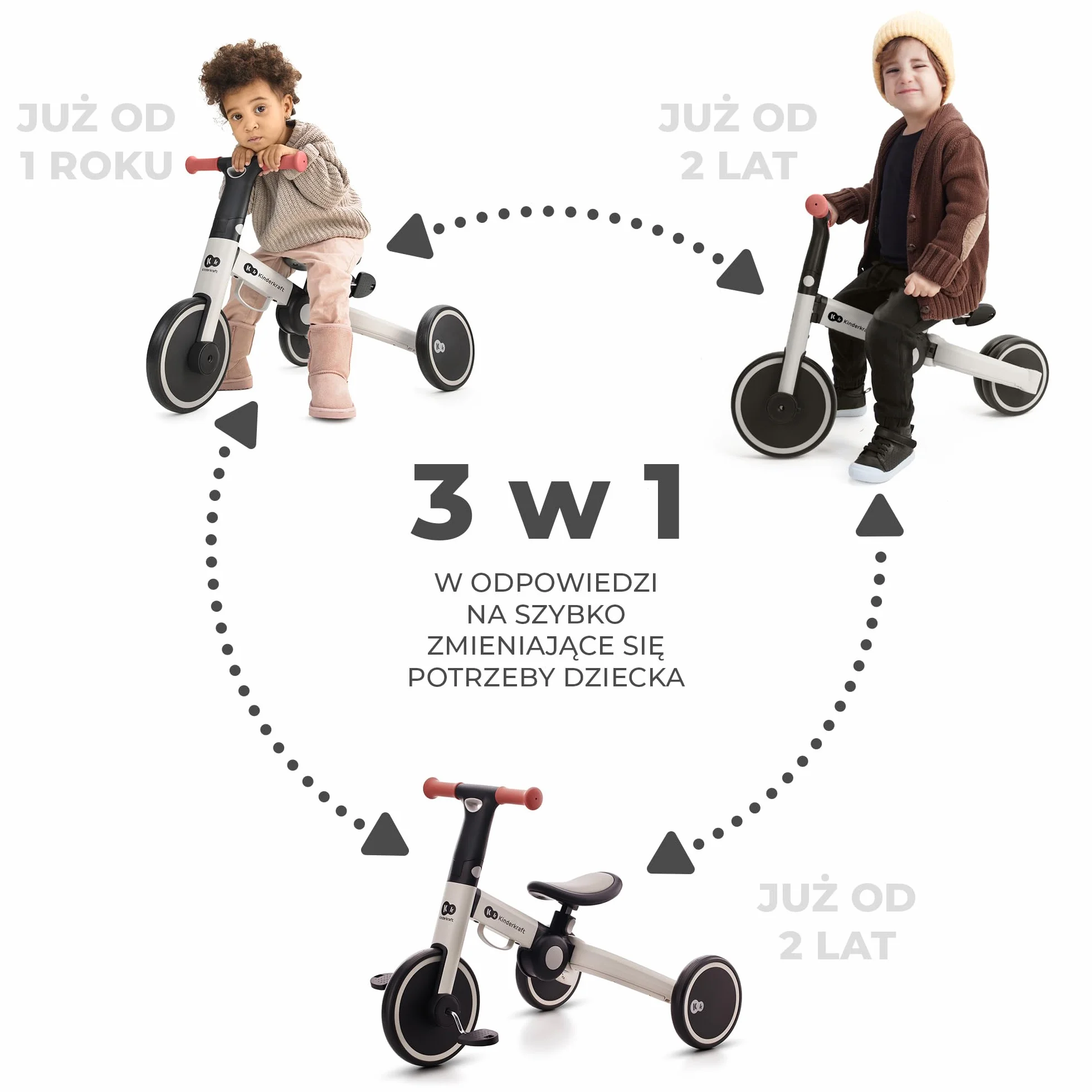 kk Kinderkraft 4TRIKE Trójkołowiec 3w1, Rowerek Biegowy, Pchacz, Wielofunkcyjny, Bezpieczny, Regulowane Siodełko, Szary