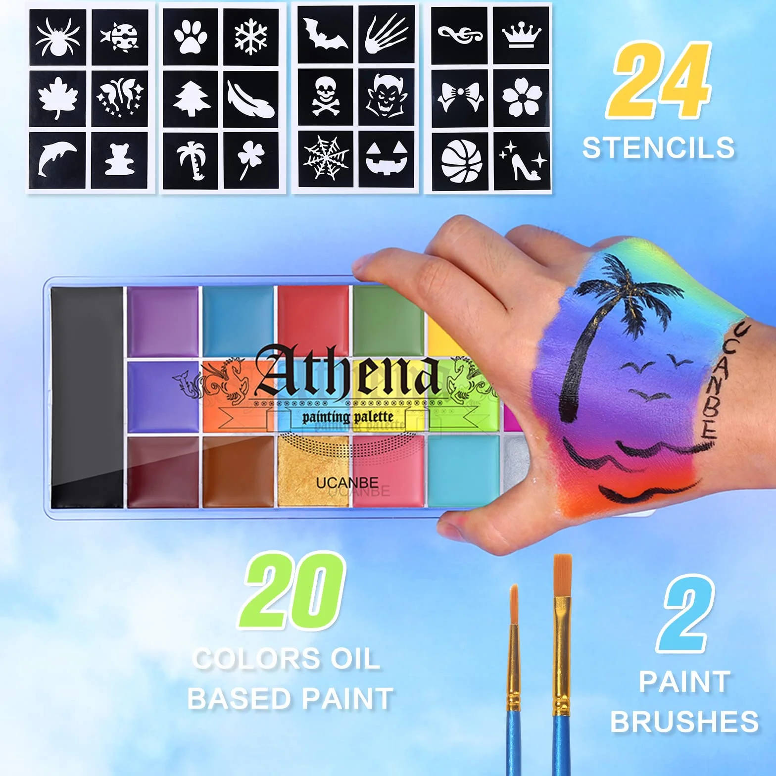 UCANBE Athena Face Paint 20 kolorów z 24 szablonami i 2 pędzlami, athena Face Paint wysokie odwzorowanie kolorów, farba do twarzy na Halloween, do makijażu teatralnego, malowania brzucha, makijażu na