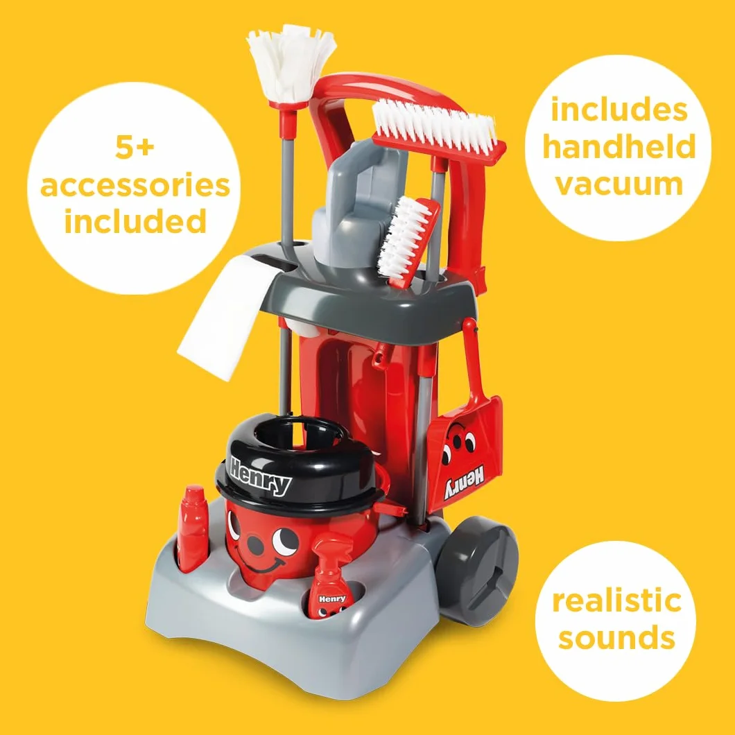 Casdon Henry Deluxe Cleaning Trolley, Realistic Toy Cleaning Trolley For Children Aged 3+, Includes Several Tools For Thorough Cleaning Days!