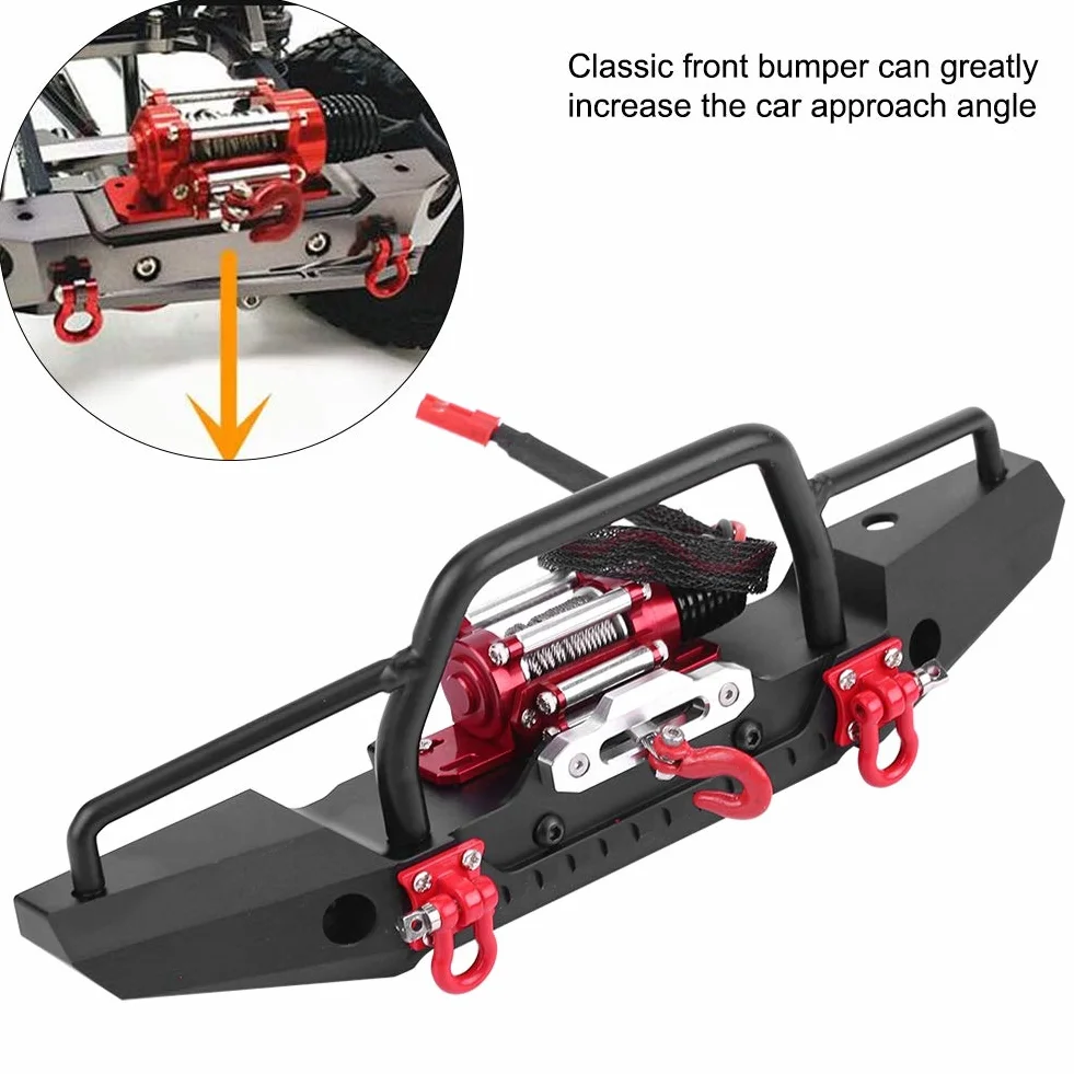 Zderzak przedni samochodu RC z wciągarką, przedni zderzak ze stopu aluminium z wciągarką Bezprzewodowy pilot zdalnego sterowania do RC Car Crawler Upgrade Part