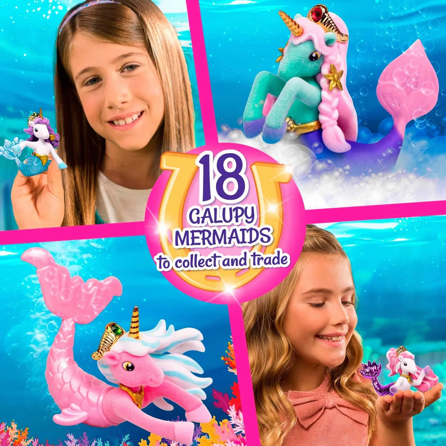 Galupy MERMAID 3-pak – figurki jednorożca syrenka do kolekcjonowania, 3x jednorożec z płetwą i kryształ Swarovski, 18 różnych figurek do zebrania