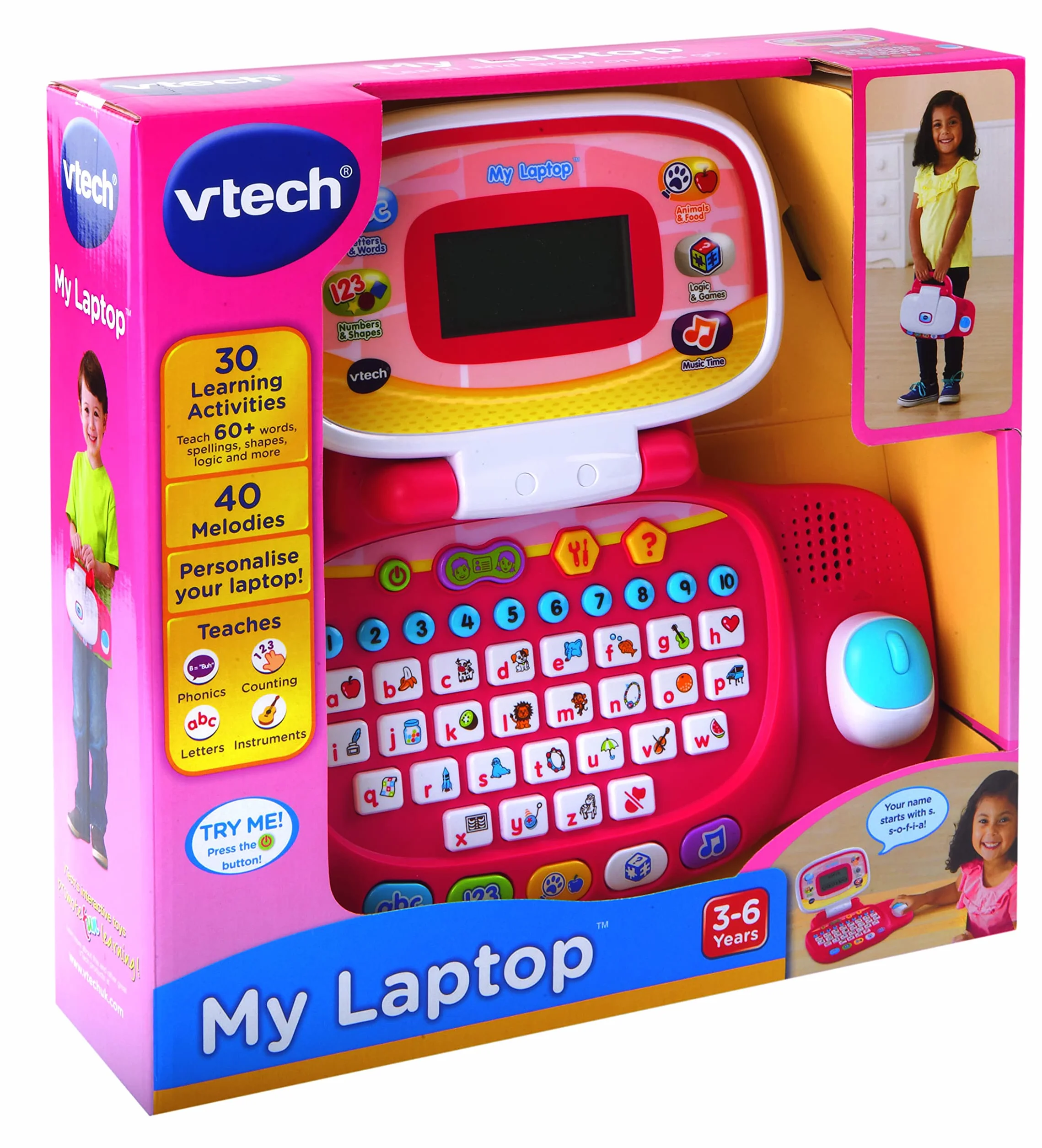 VTech Interaktywna edukacyjna zabawka komputerowa dla dzieci w wieku przedszkolnym z 30 aktywnościami, odpowiednia dla dzieci w wieku 3, 4, 5+ lat, chłopców i dziewcząt, różowa, wersja angielska