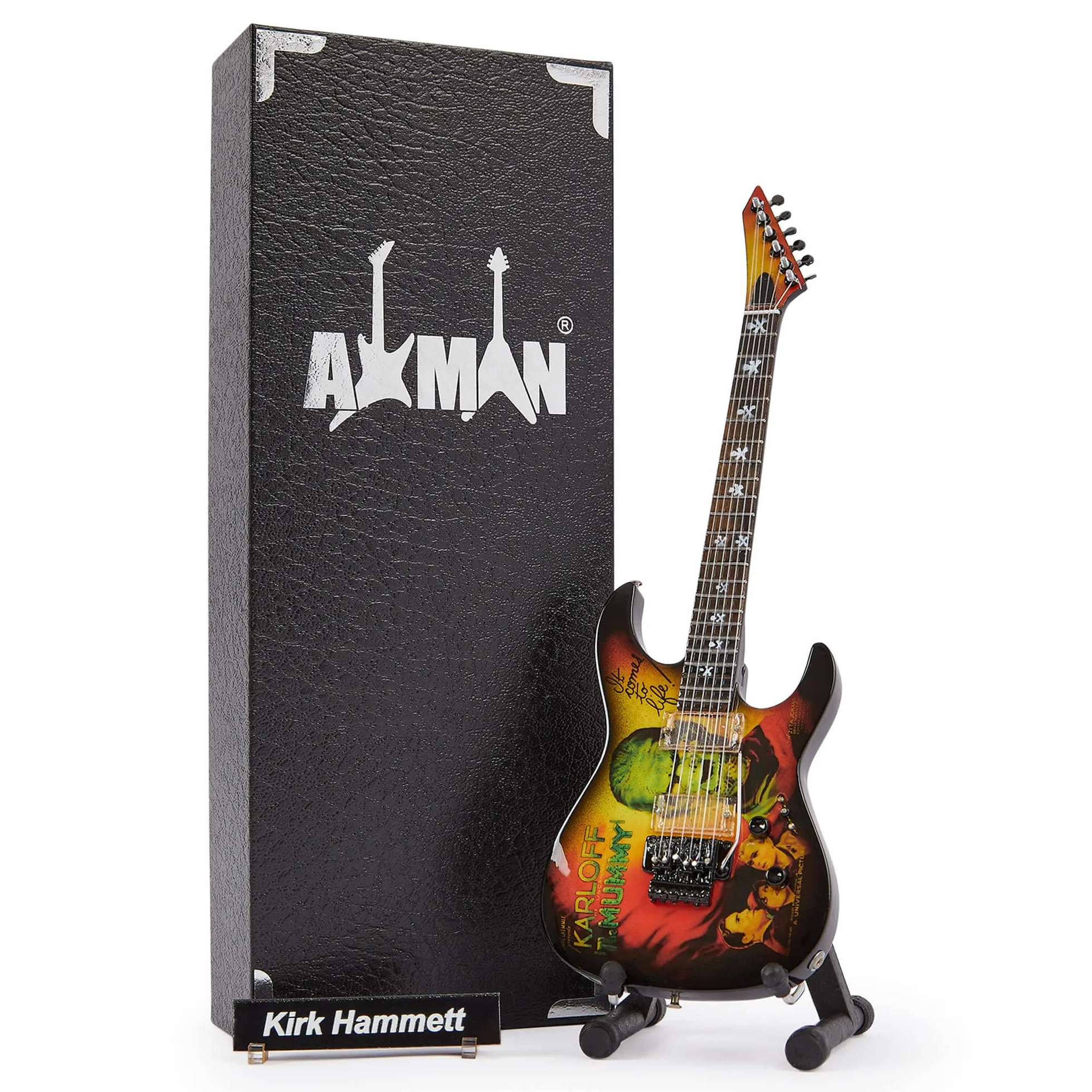 Axman Kirk Hammett Miniaturowa replika gitary - Prezenty muzyczne - Ręcznie robiona ozdobna skala 1/4 - Pudełko prezentacyjne, plakietka z imieniem i miniaturowy uchwyt na gitarę w zestawie