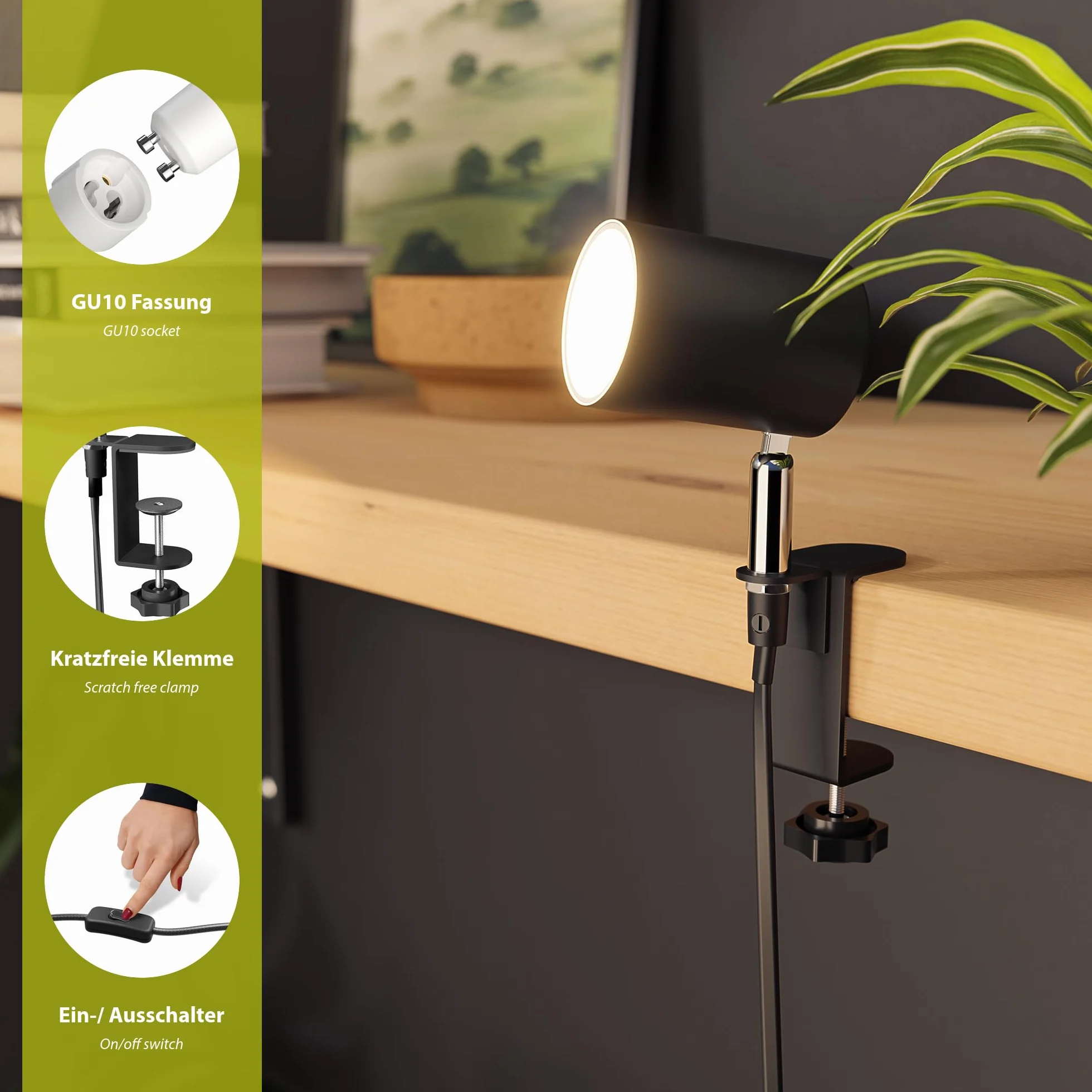 ledscom.de Lampa zaciskowa WAIKA, przełącznik, czarny mat, w zestawie żarówka LED GU10, 468lm ciepła biel