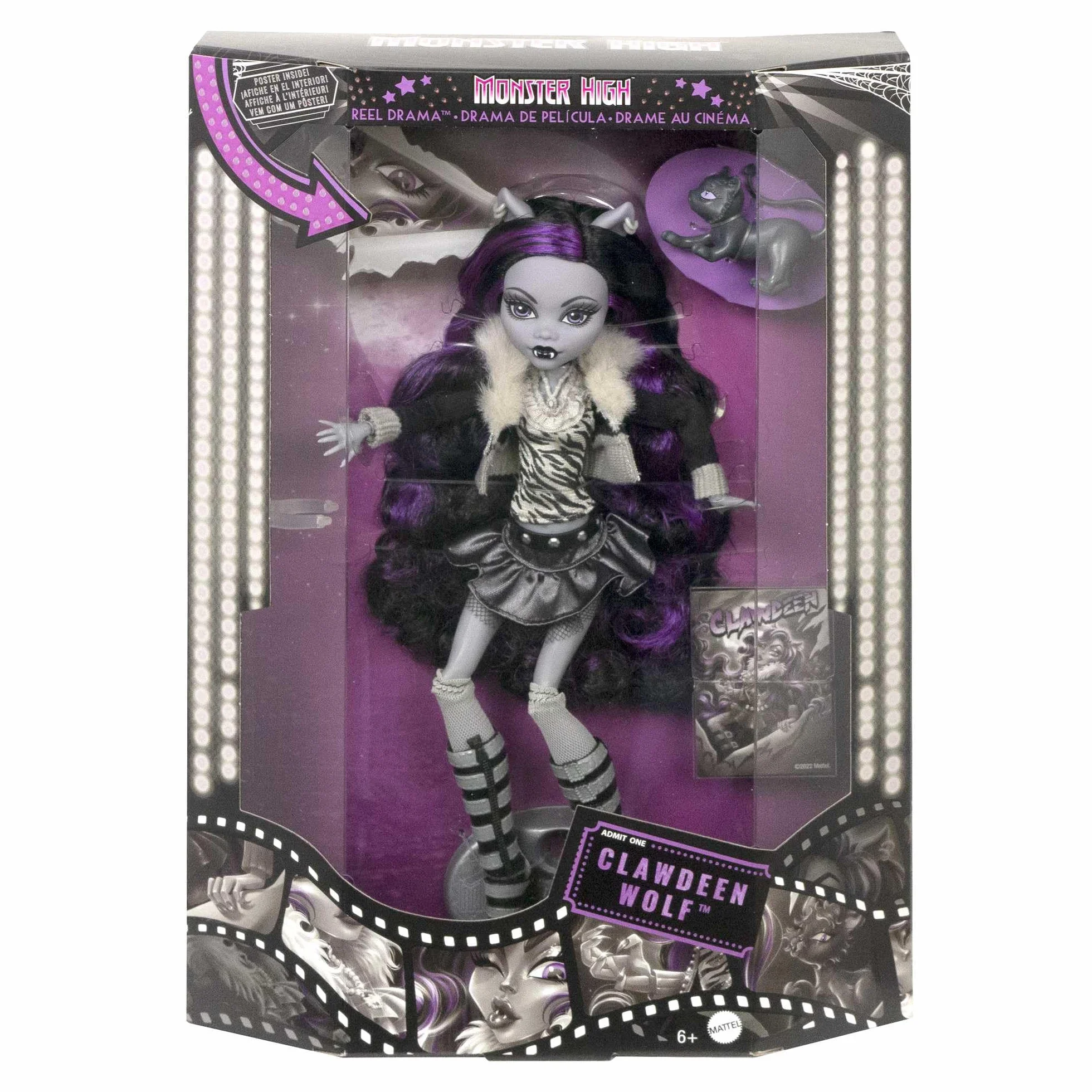 Monster High Reel Drama Straszny Seans Clawdeen Wolf Lalka kolekcjonerska w czarno-białym stroju z motywem filmowym oraz miniplakatem i dużym plakatem, zabawka i prezent dla dzieci, HKN28