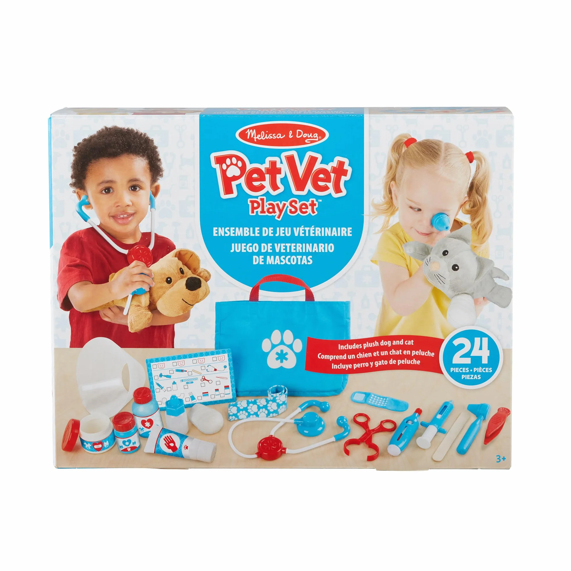 Melissa & Doug Pet Vet Zestaw do zabawy w weterynarza dla dzieci, Zabawa w udawanie, Zestaw do zabawy z pluszowymi zabawkami, 3+, Zabawa kreatywna, Prezent dla chłopca lub dziewczynki