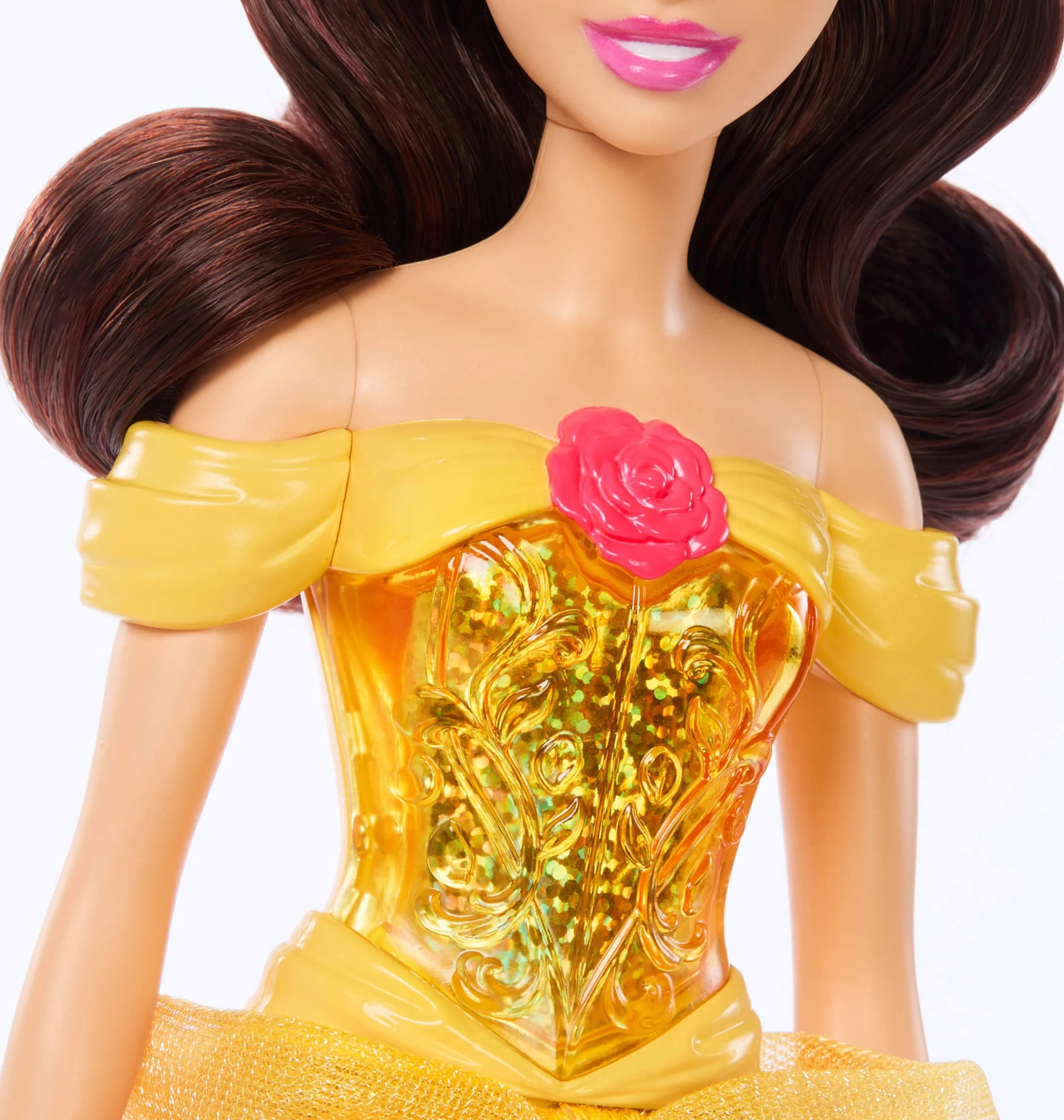 Mattel Księżniczka Disneya Bella Lalka z punktami zgięcia, błyszczącym ubrankiem i akcesoriami inspirowanymi filmem Disneya, prezent dla dzieci HLW11