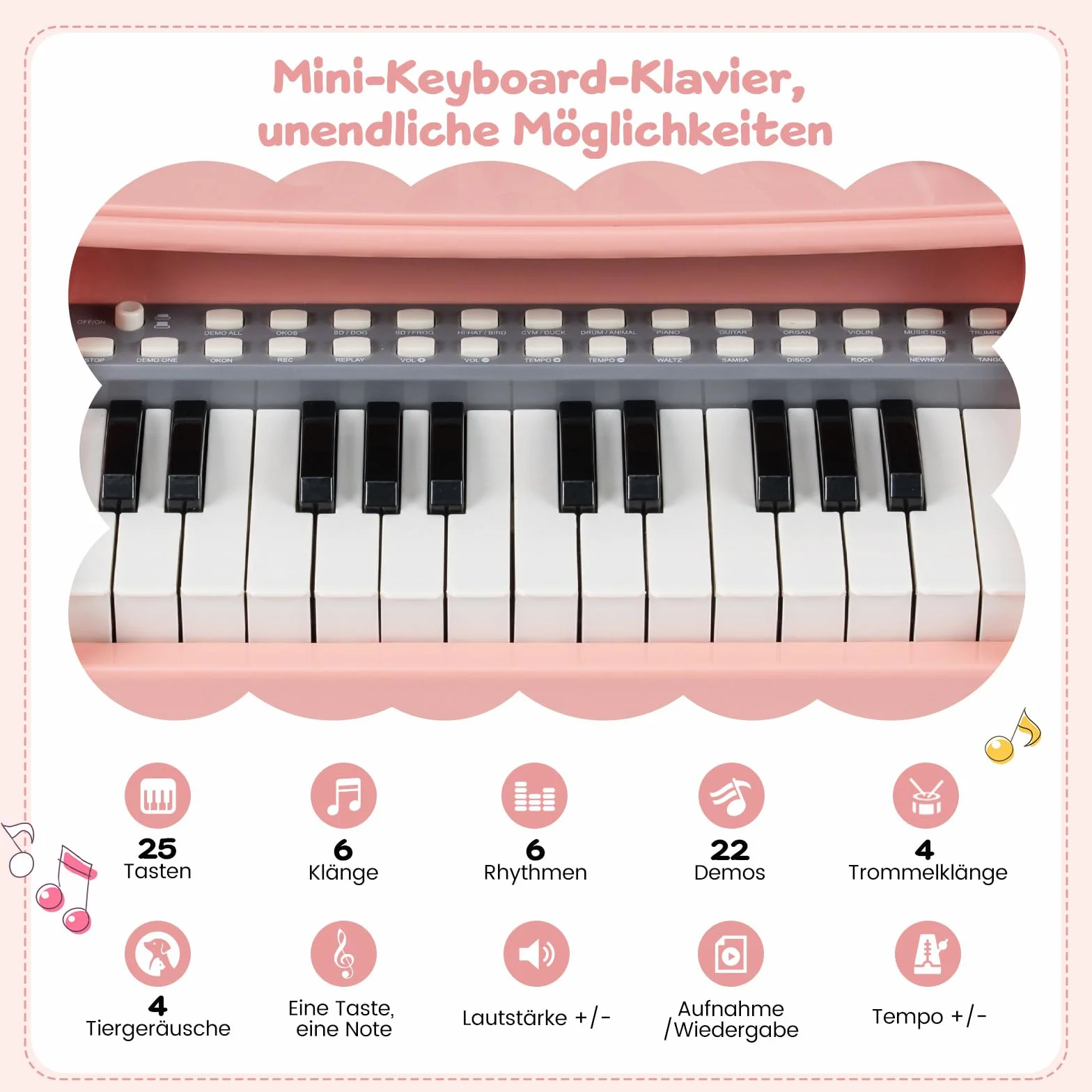 COSTWAY Klawiatura dla dzieci z 25 przyciskami, elektroniczna z taboretem, mikrofonem i stojakiem na nuty, przenośny instrument muzyczny, pianino dziecięce, klawiatura fortepianowa dla dzieci od 3 lat