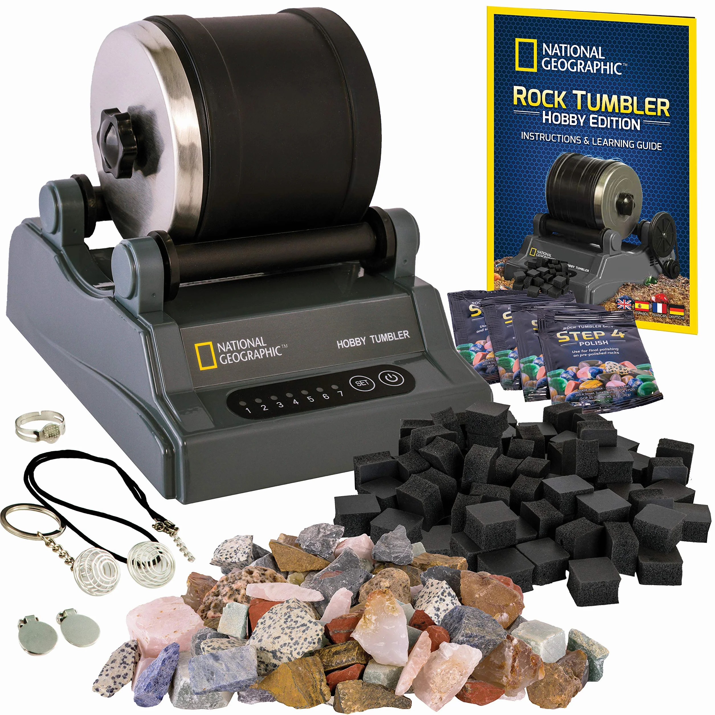 Zestaw do obróbki wibrościernej Hobby Rock Tumbler od NATIONAL GEOGRAPHIC - poler do kamieni dla dzieci i dorosłych, trwała, cicha beczka, kamienie, żwirek i nowy GemFoam dla błyszczącego wykończenia