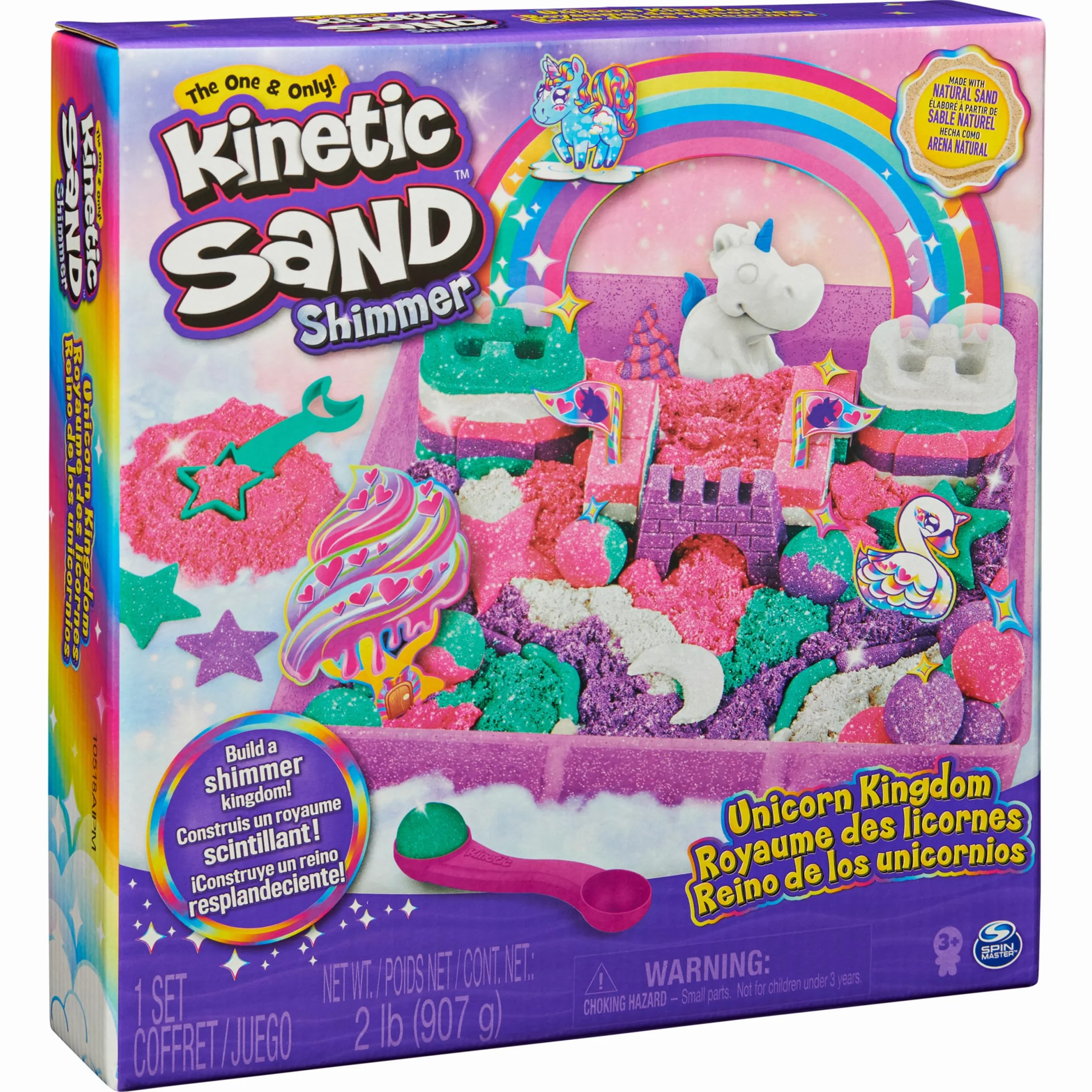 KINETIC SAND MAGIC SAS - KRÓLESTWO Jednorożców 907 G + 8 foremek - Twórz różne hipnotyzujące kształty dzięki temu magicznemu i kolorowemu piaskowi przypominającemu pastę modelarską - Zabawka dla
