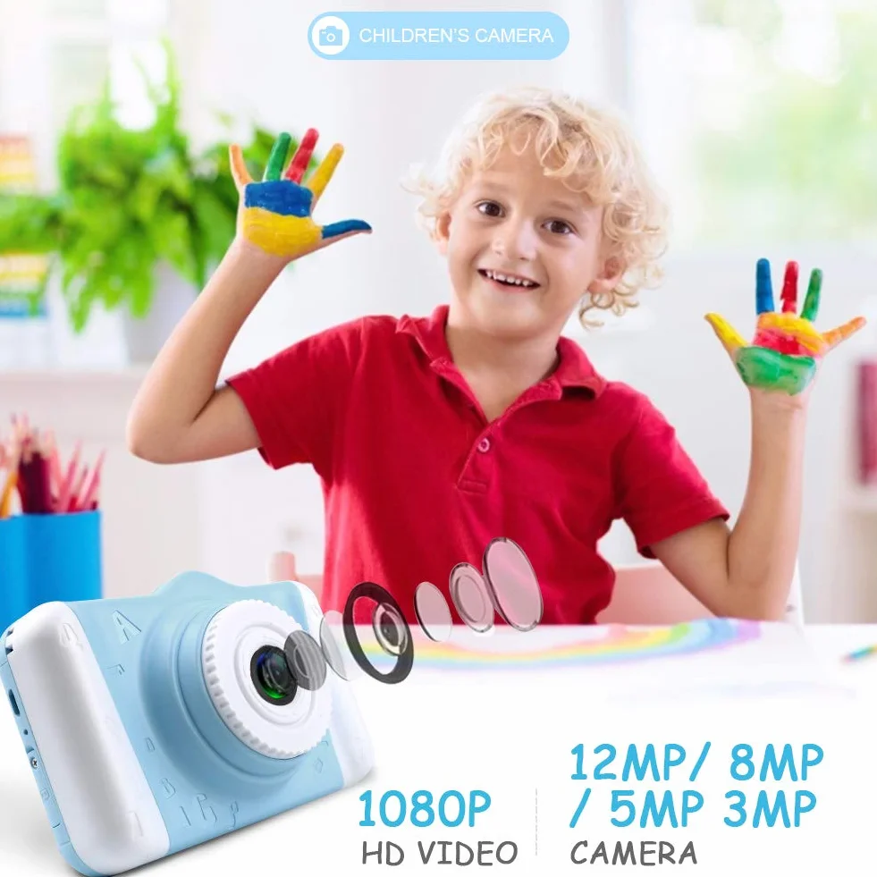 Kamera dla dzieci – aparat cyfrowy z dużym ekranem 3,5-calowym 1080P HD 12 MP, karta SD 32 GB, USB, kamera do selfie, niebieski